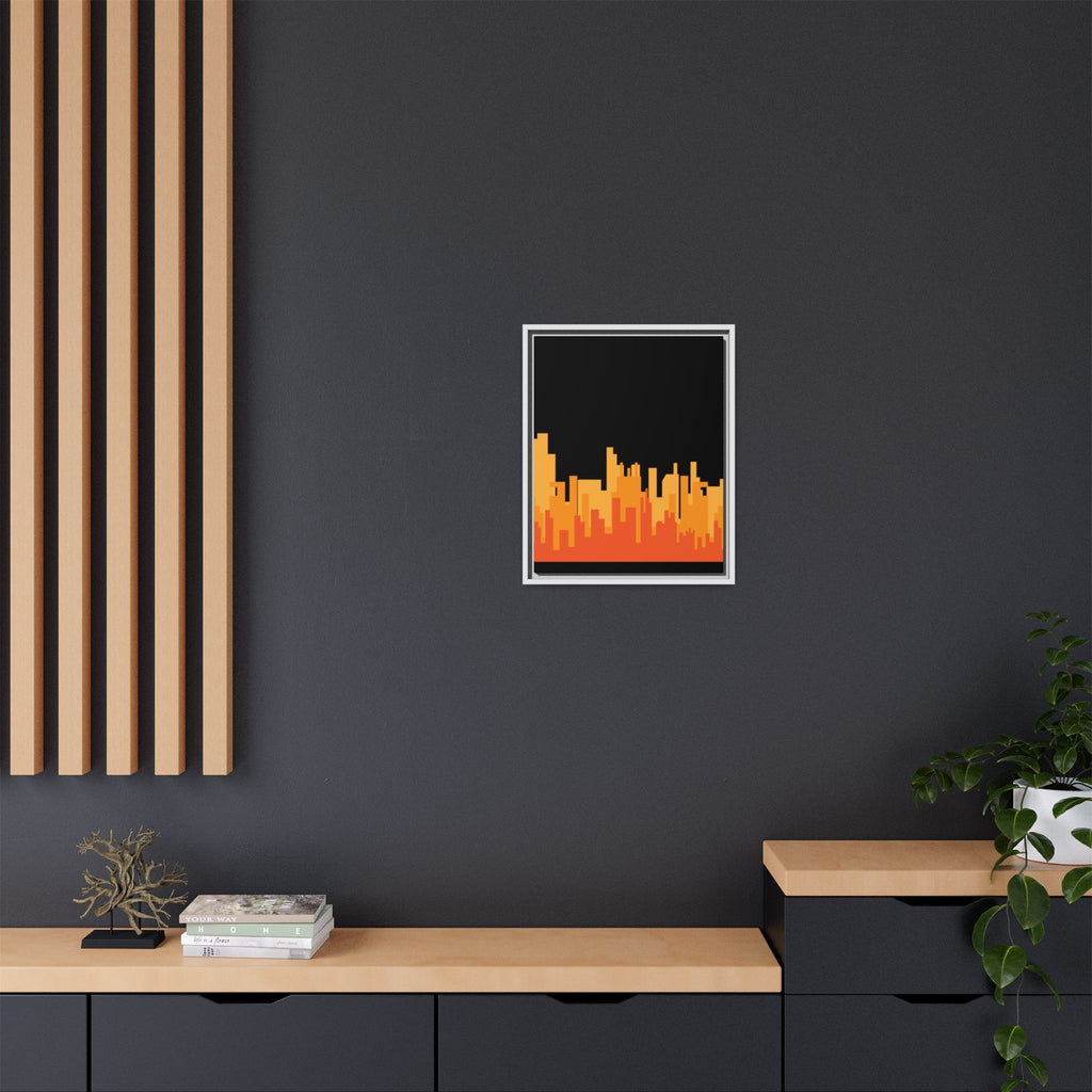 City Skyline Matte Canvas Print — Modern Pixelated Orange Urban Art (Framed)