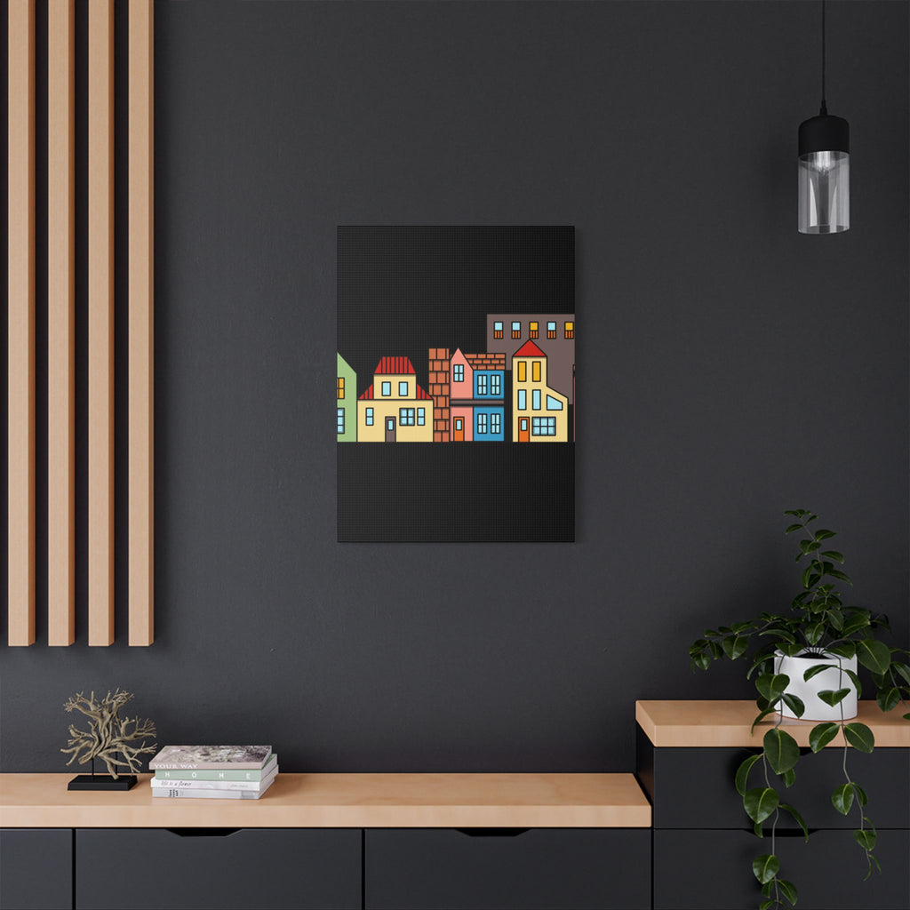 Colorful Row Houses Satin Canvas Wall Art — Stretched Cityscape Print
