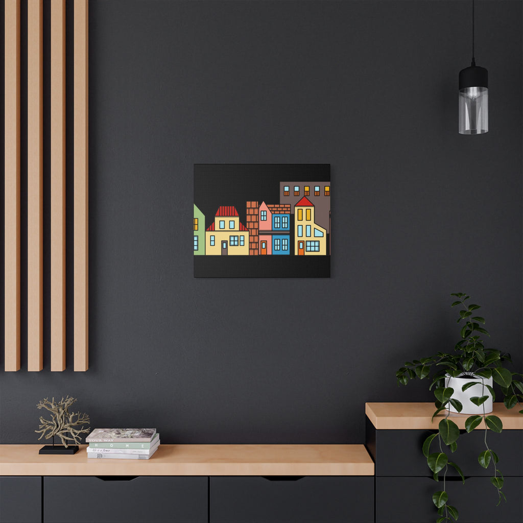 Colorful Row Houses Satin Canvas Wall Art — Stretched Cityscape Print