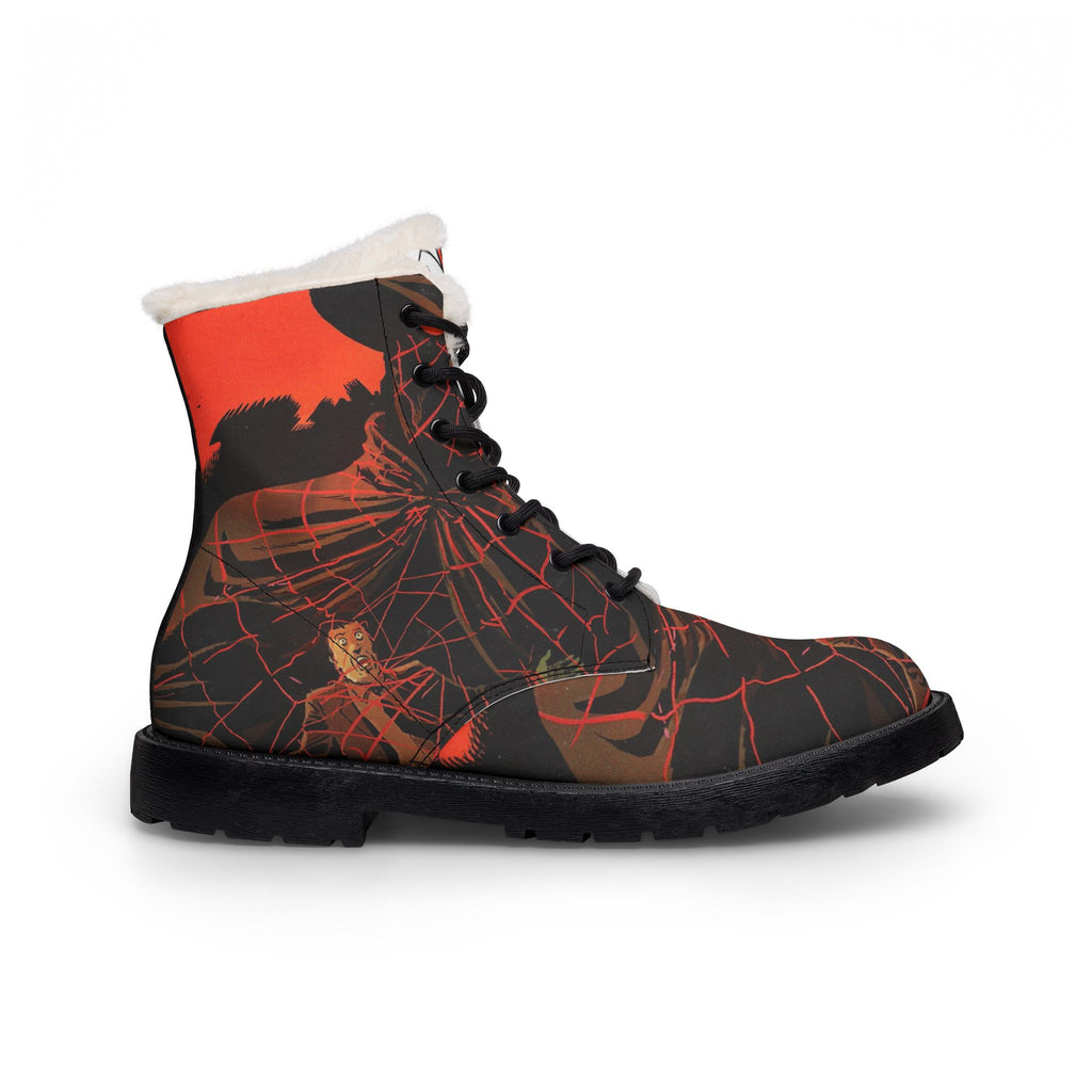 Women Fur-Lined Leather Boots — Fiery Spider Comic Print