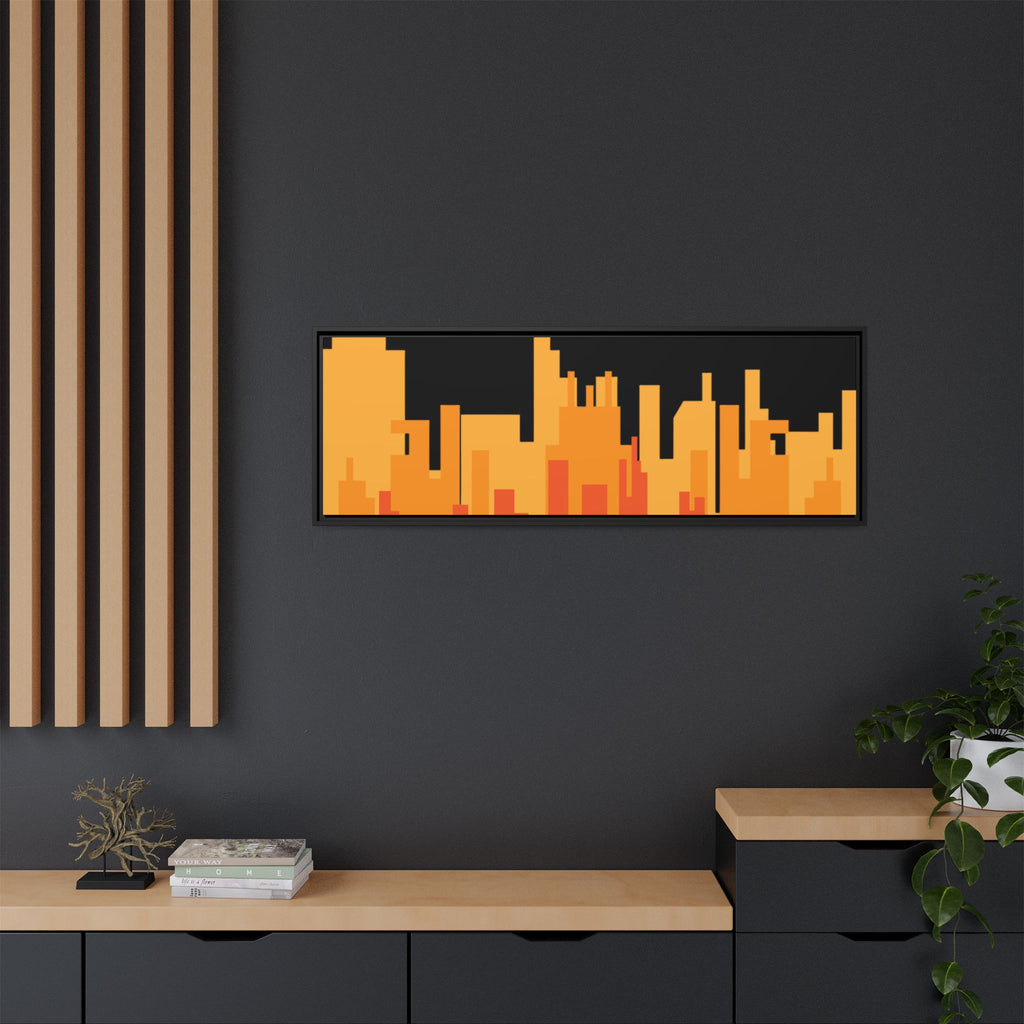 City Skyline Matte Canvas Print — Modern Pixelated Orange Urban Art (Framed)