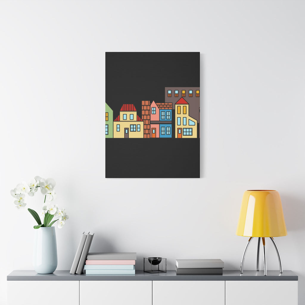 Colorful Row Houses Satin Canvas Wall Art — Stretched Cityscape Print