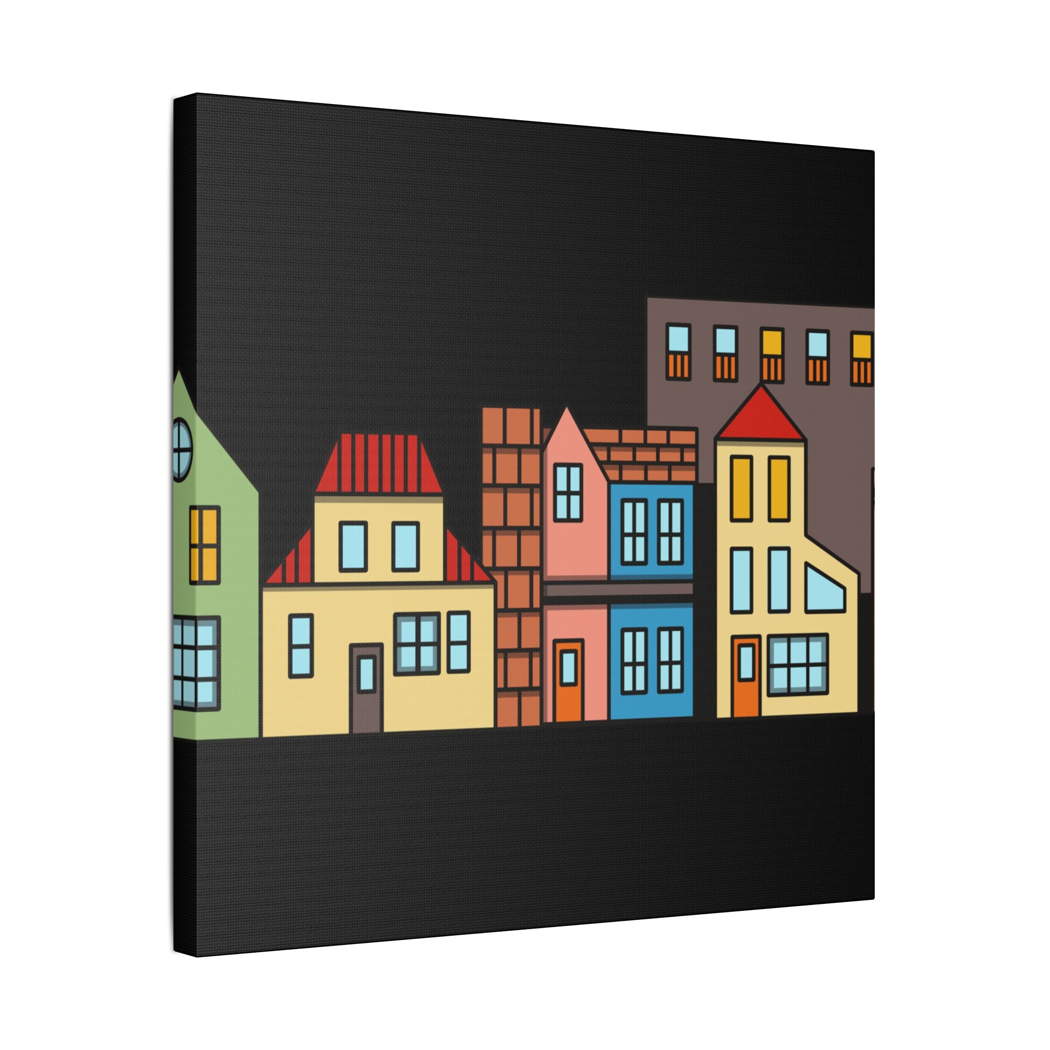 Colorful Row Houses Satin Canvas Wall Art — Stretched Cityscape Print
