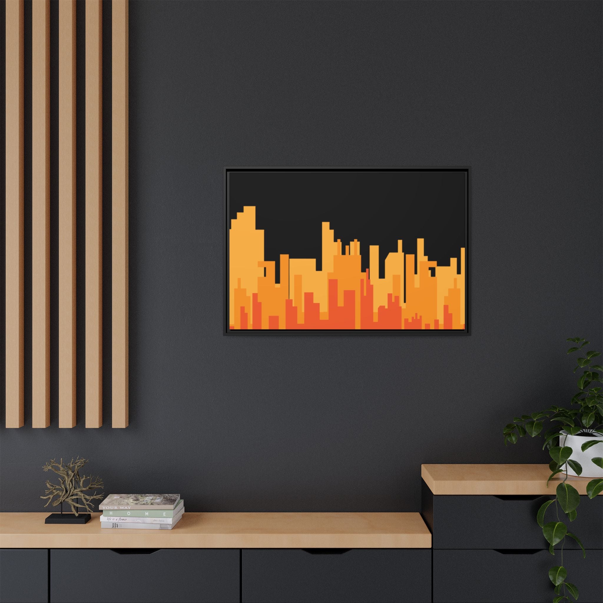 City Skyline Matte Canvas Print — Modern Pixelated Orange Urban Art (Framed)