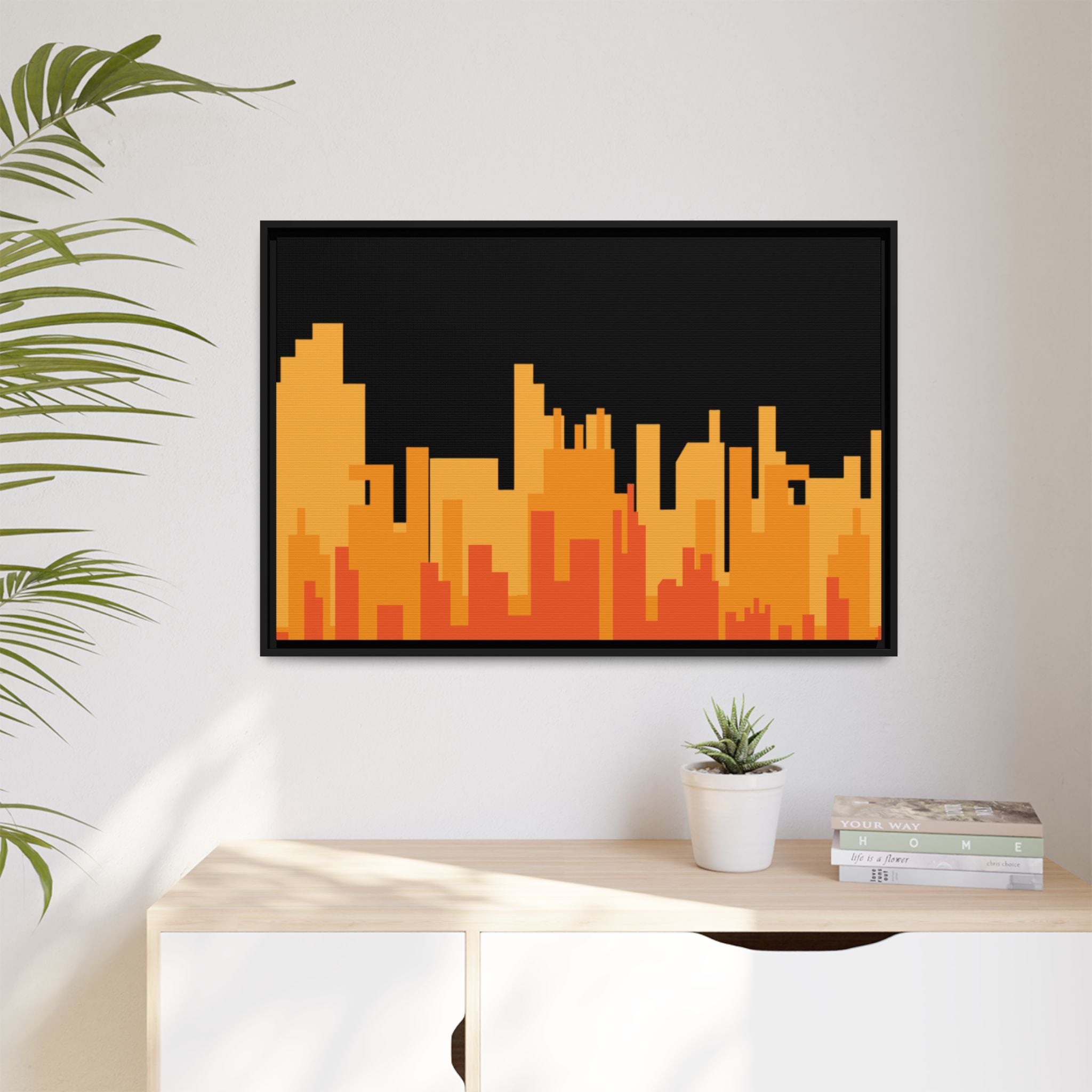 City Skyline Matte Canvas Print — Modern Pixelated Orange Urban Art (Framed)