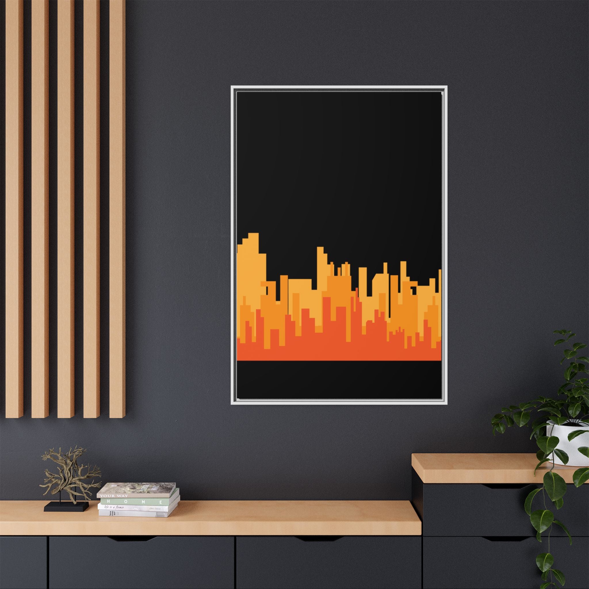 City Skyline Matte Canvas Print — Modern Pixelated Orange Urban Art (Framed)