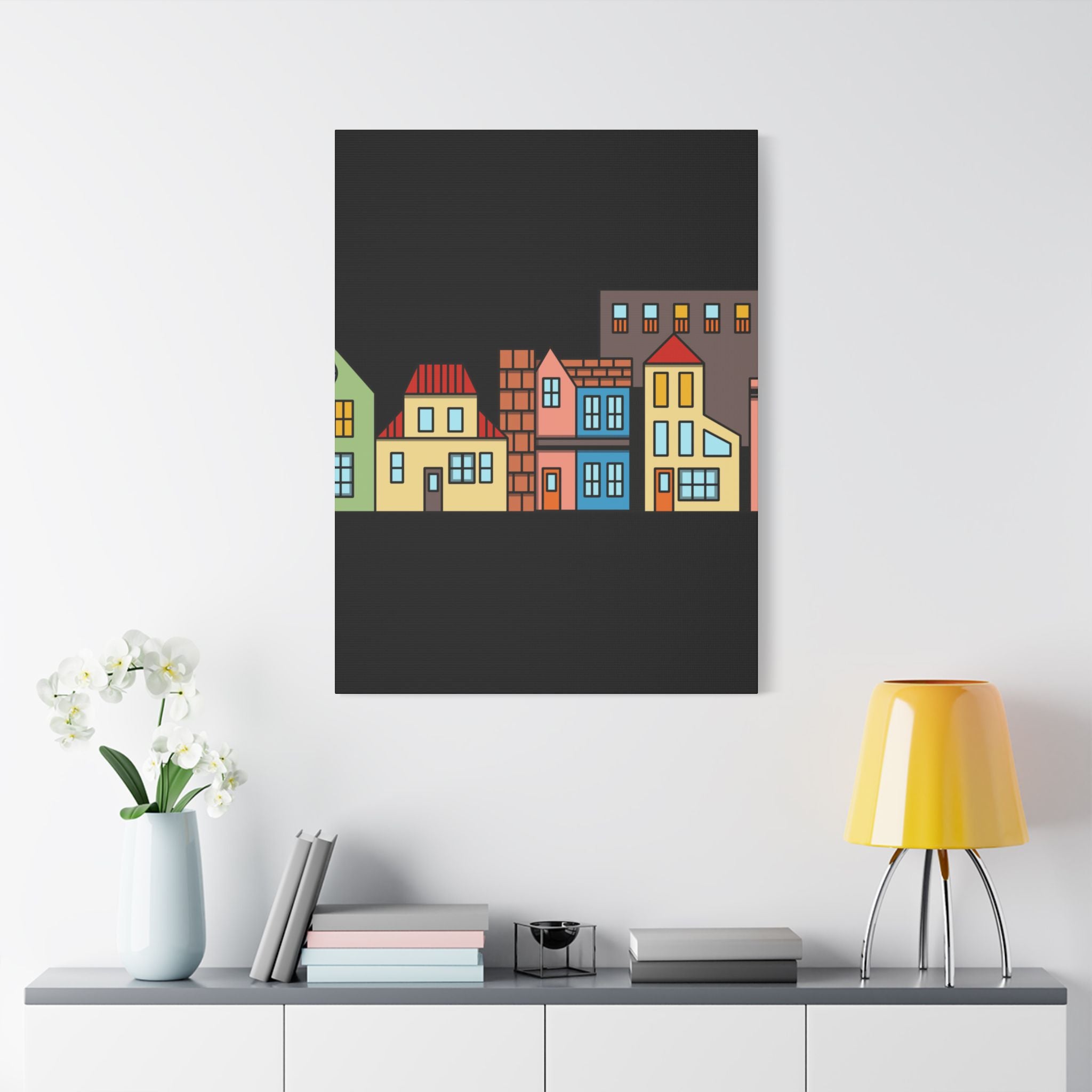 Colorful Row Houses Satin Canvas Wall Art — Stretched Cityscape Print