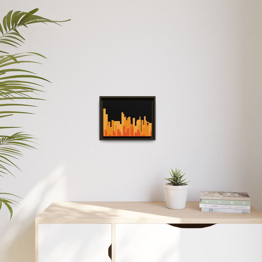 City Skyline Matte Canvas Print — Modern Pixelated Orange Urban Art (Framed)