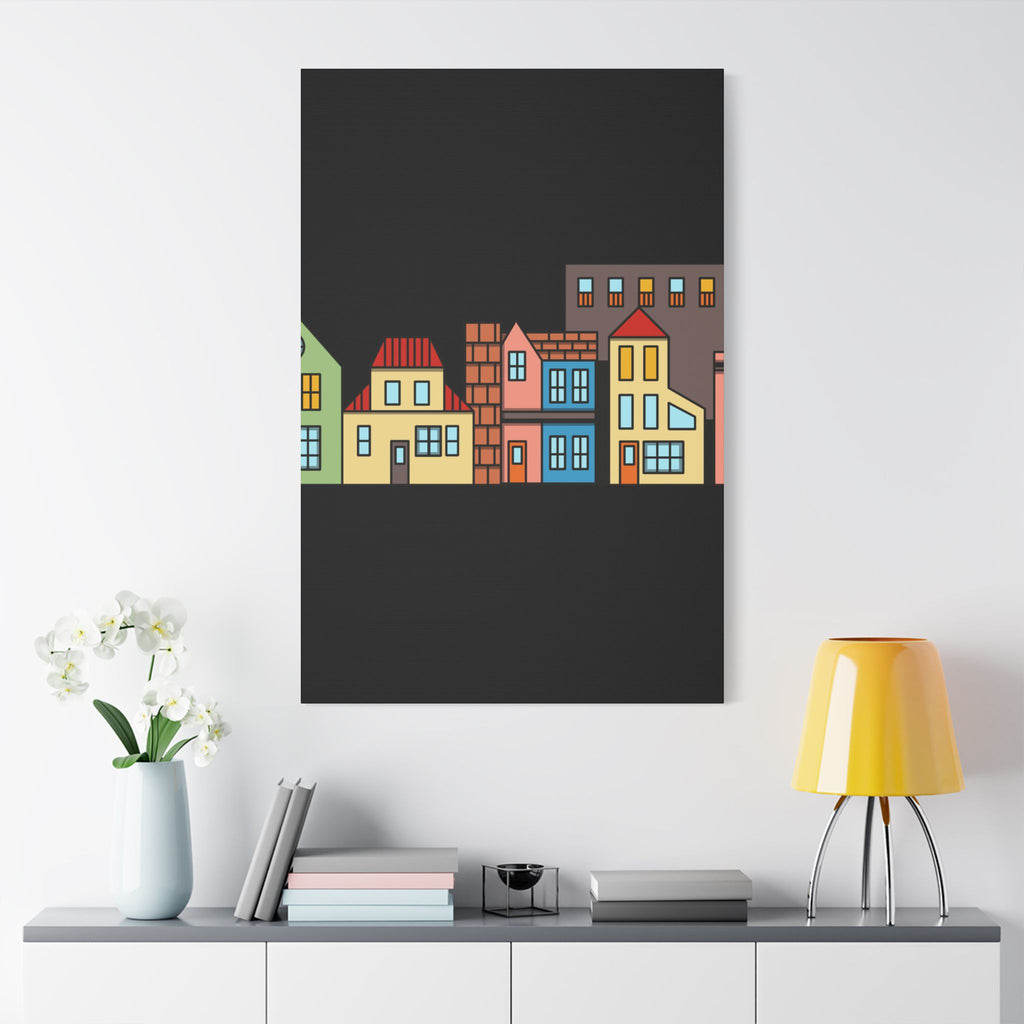 Colorful Row Houses Satin Canvas Wall Art — Stretched Cityscape Print