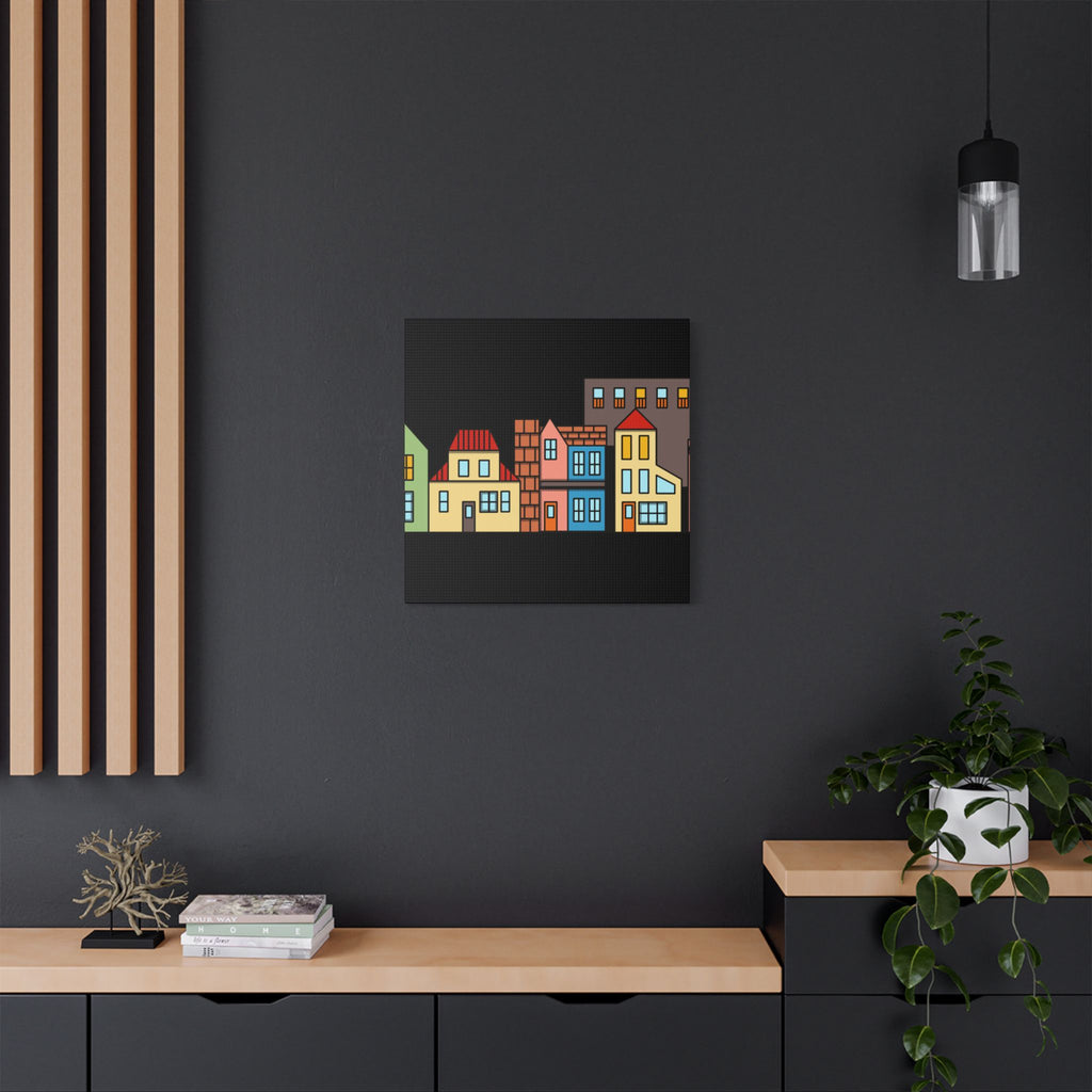 Colorful Row Houses Satin Canvas Wall Art — Stretched Cityscape Print