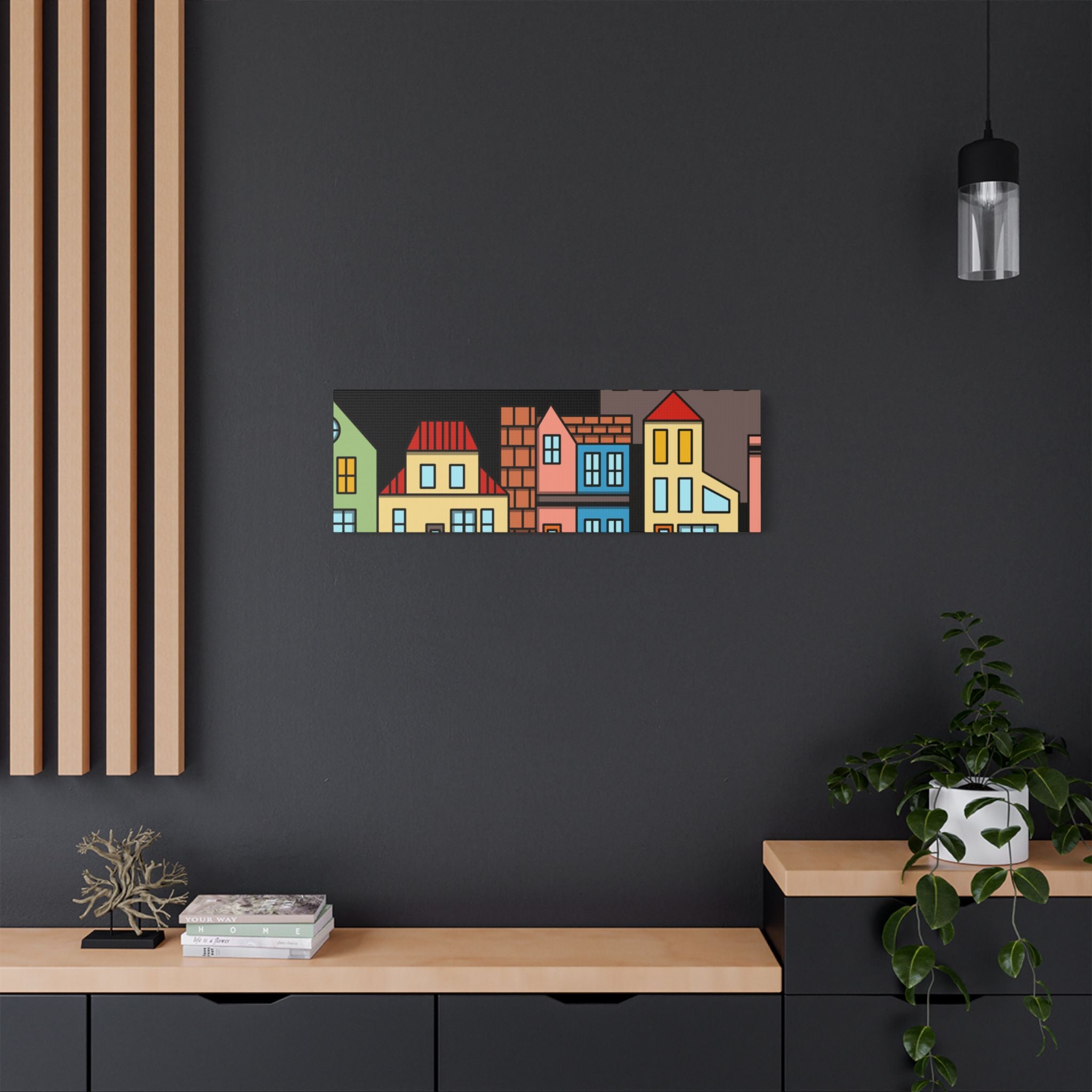 Colorful Row Houses Satin Canvas Wall Art — Stretched Cityscape Print
