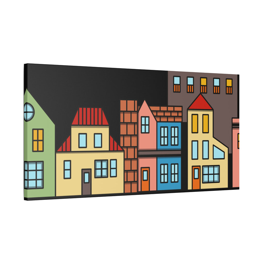 Colorful Row Houses Satin Canvas Wall Art — Stretched Cityscape Print