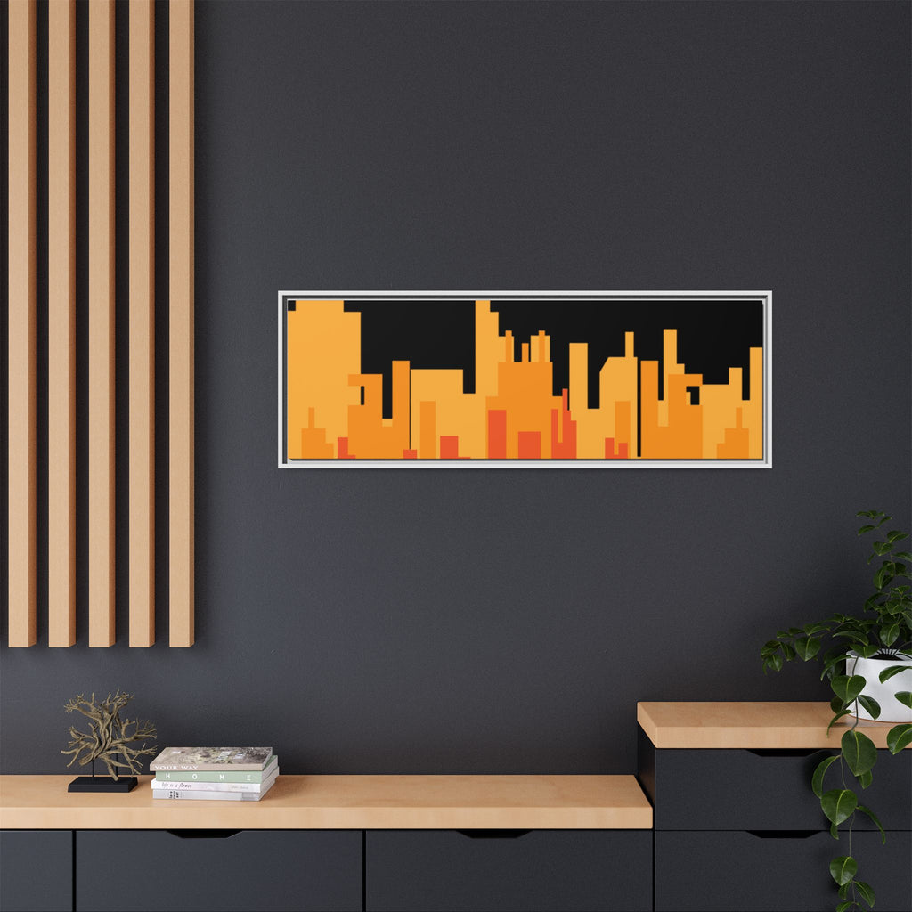 City Skyline Matte Canvas Print — Modern Pixelated Orange Urban Art (Framed)