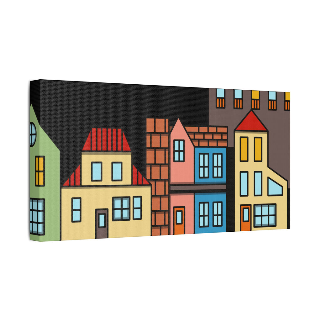 Colorful Row Houses Satin Canvas Wall Art — Stretched Cityscape Print