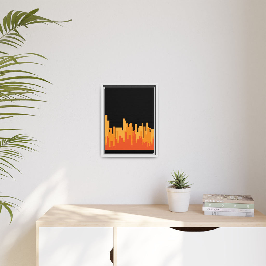 City Skyline Matte Canvas Print — Modern Pixelated Orange Urban Art (Framed)
