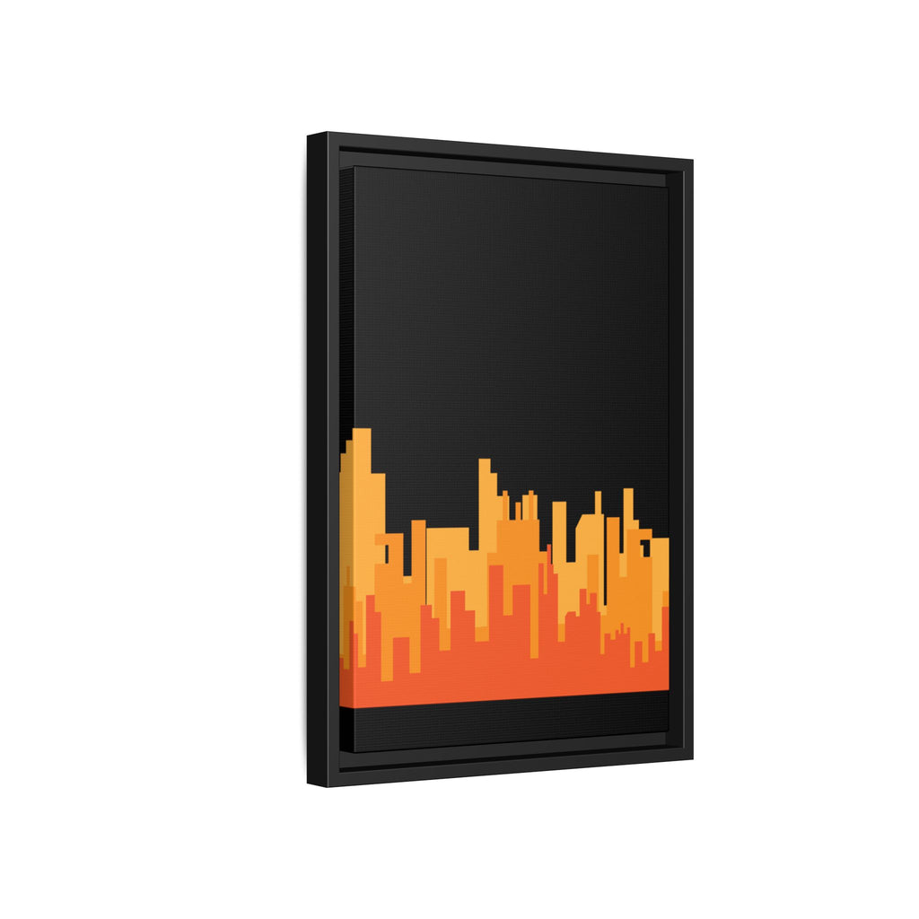 City Skyline Matte Canvas Print — Modern Pixelated Orange Urban Art (Framed)
