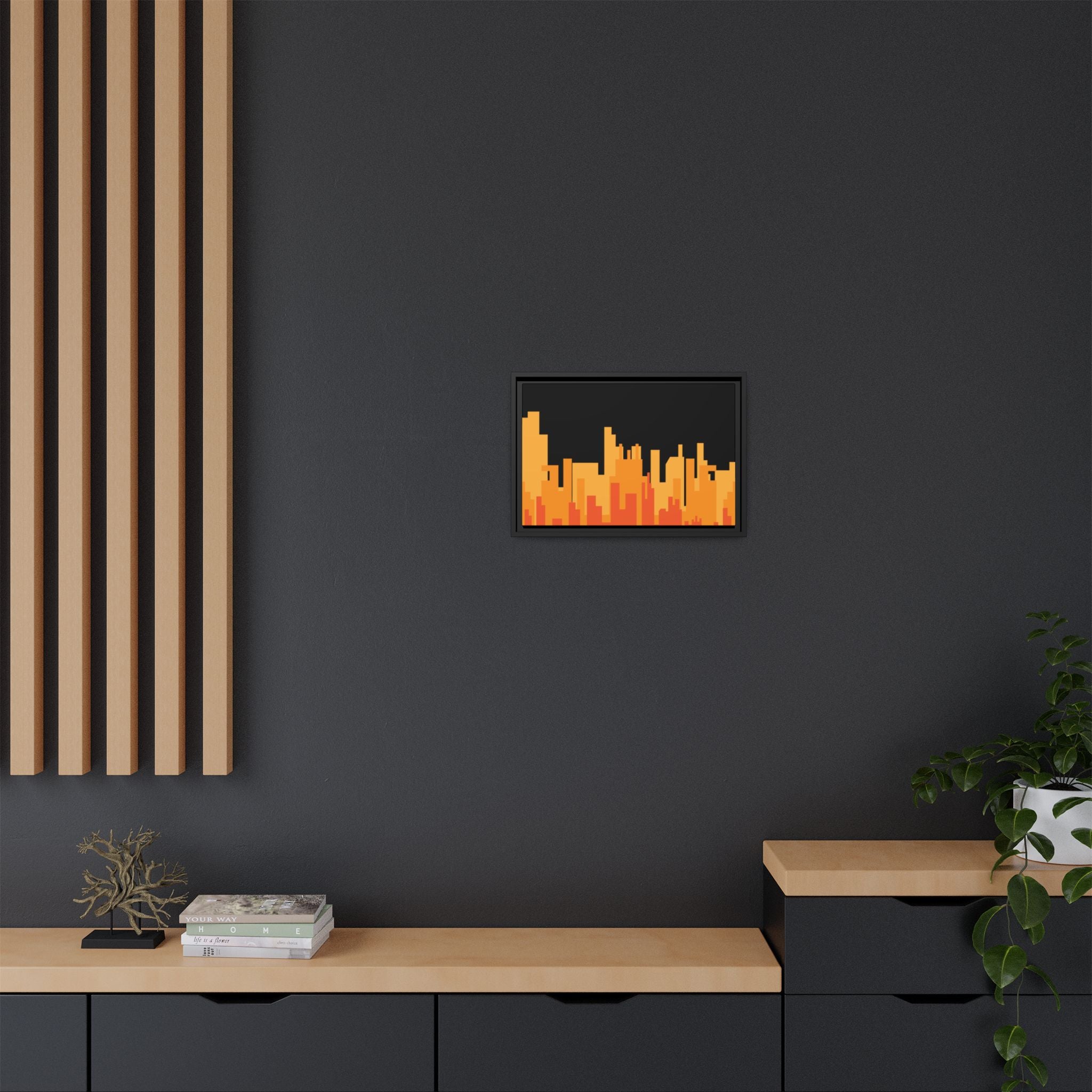 City Skyline Matte Canvas Print — Modern Pixelated Orange Urban Art (Framed)