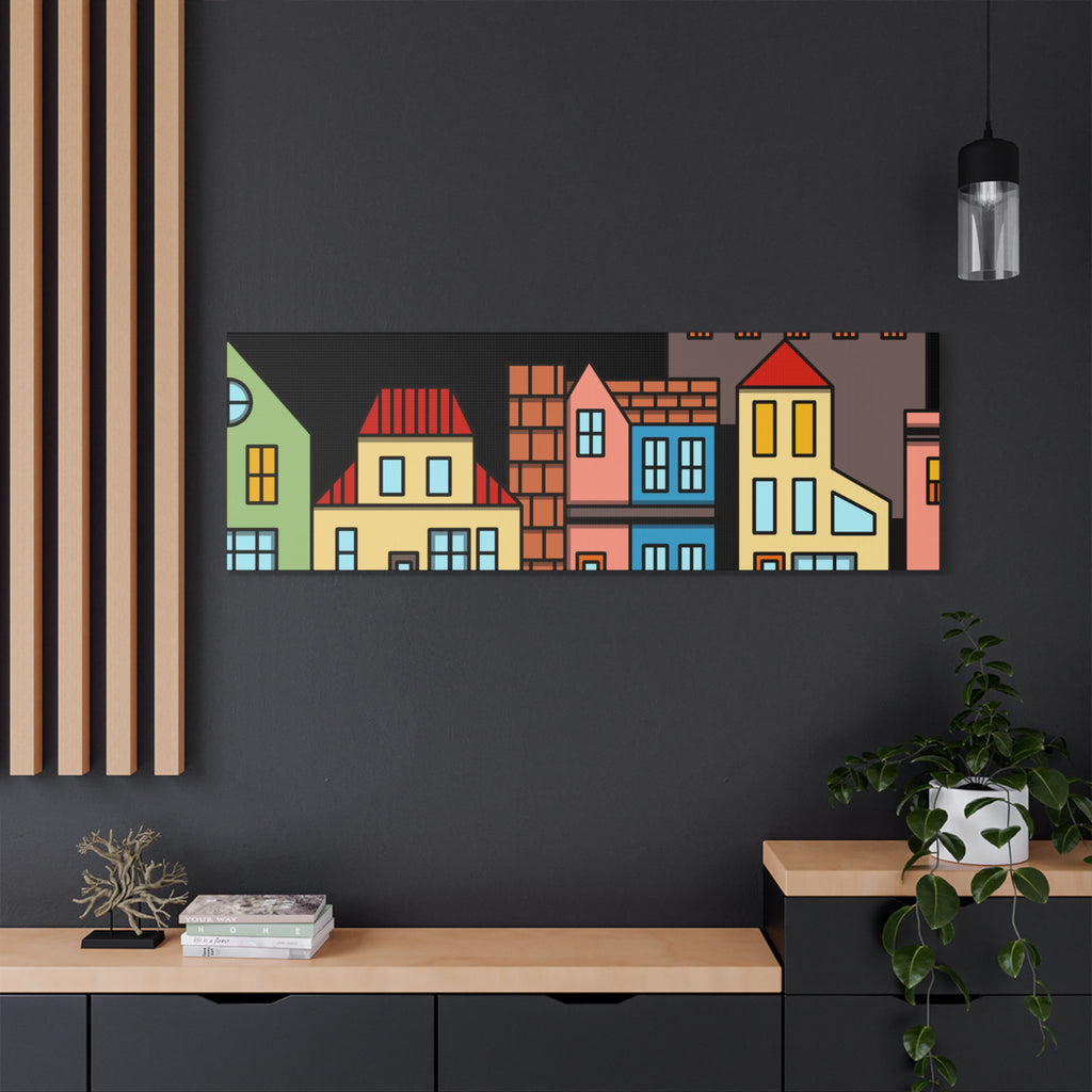 Colorful Row Houses Satin Canvas Wall Art — Stretched Cityscape Print