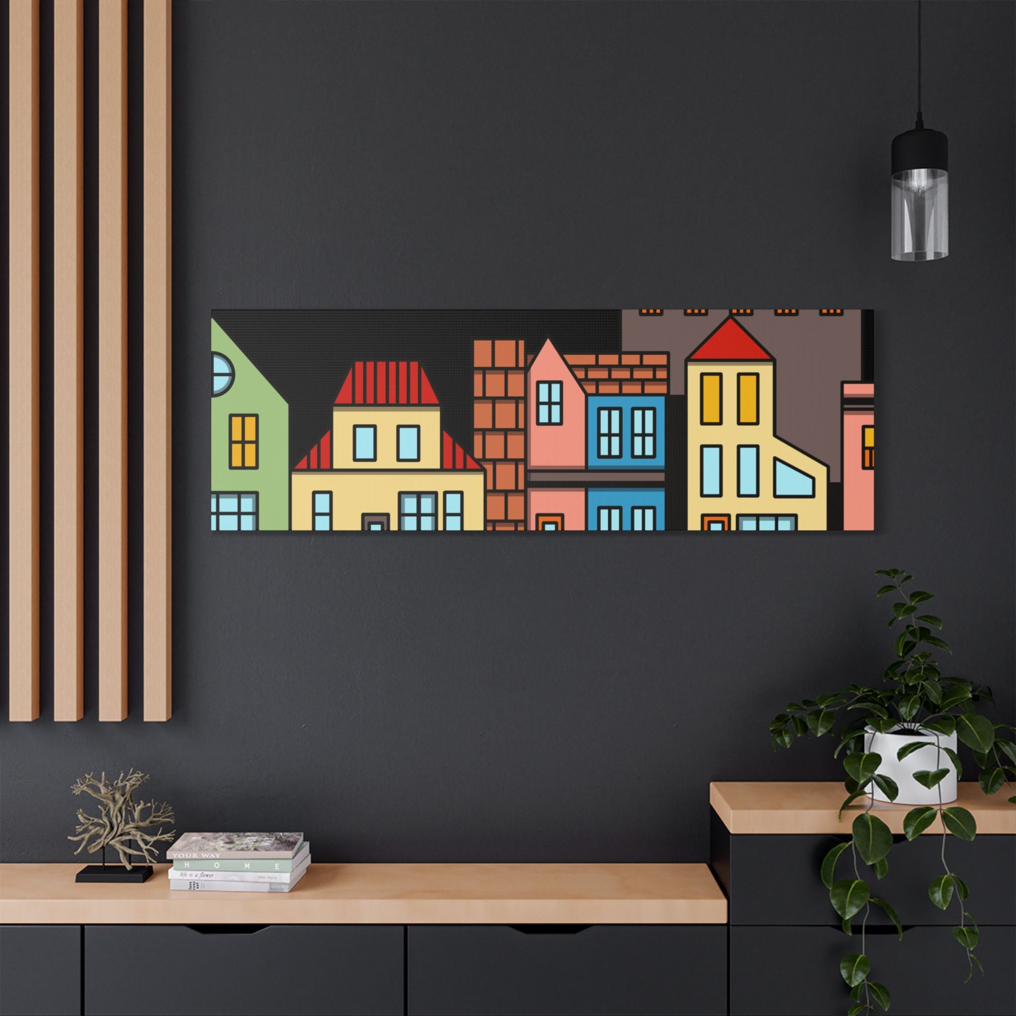 Colorful Row Houses Satin Canvas Wall Art — Stretched Cityscape Print
