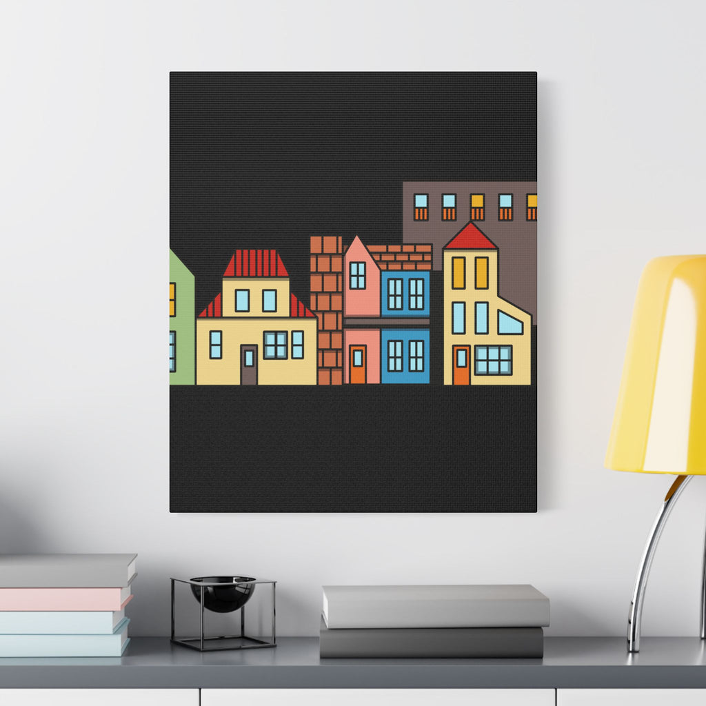 Colorful Row Houses Satin Canvas Wall Art — Stretched Cityscape Print