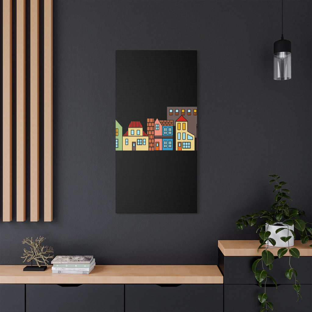 Colorful Row Houses Satin Canvas Wall Art — Stretched Cityscape Print