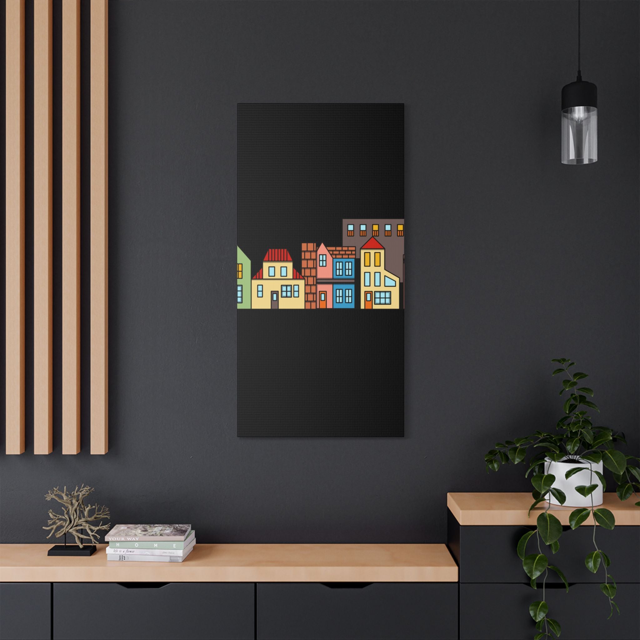 Colorful Row Houses Satin Canvas Wall Art — Stretched Cityscape Print