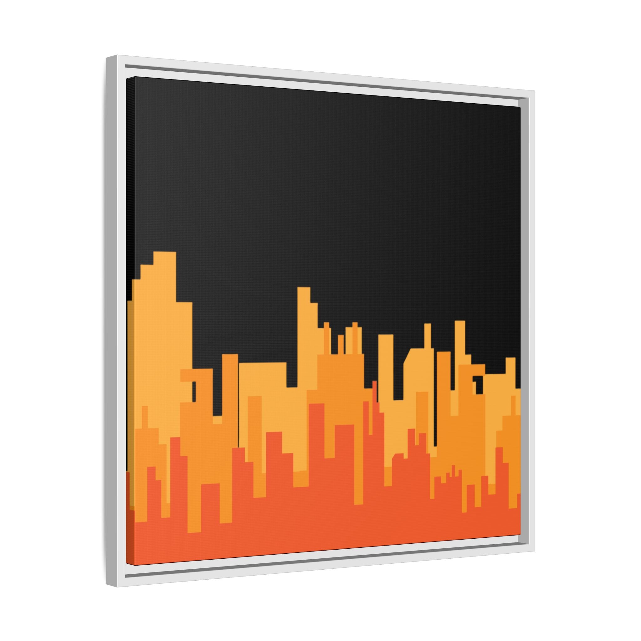 City Skyline Matte Canvas Print — Modern Pixelated Orange Urban Art (Framed)