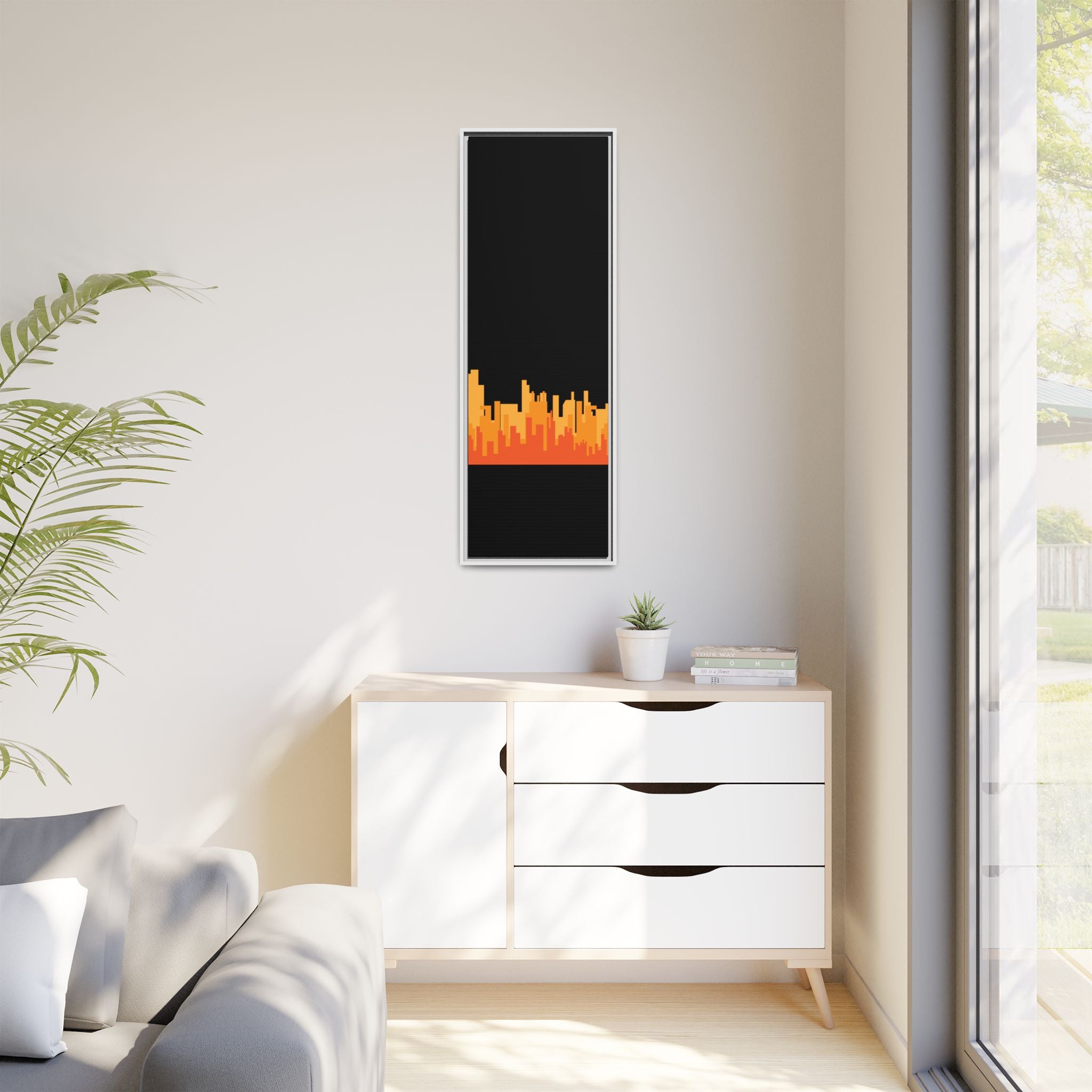 City Skyline Matte Canvas Print — Modern Pixelated Orange Urban Art (Framed)