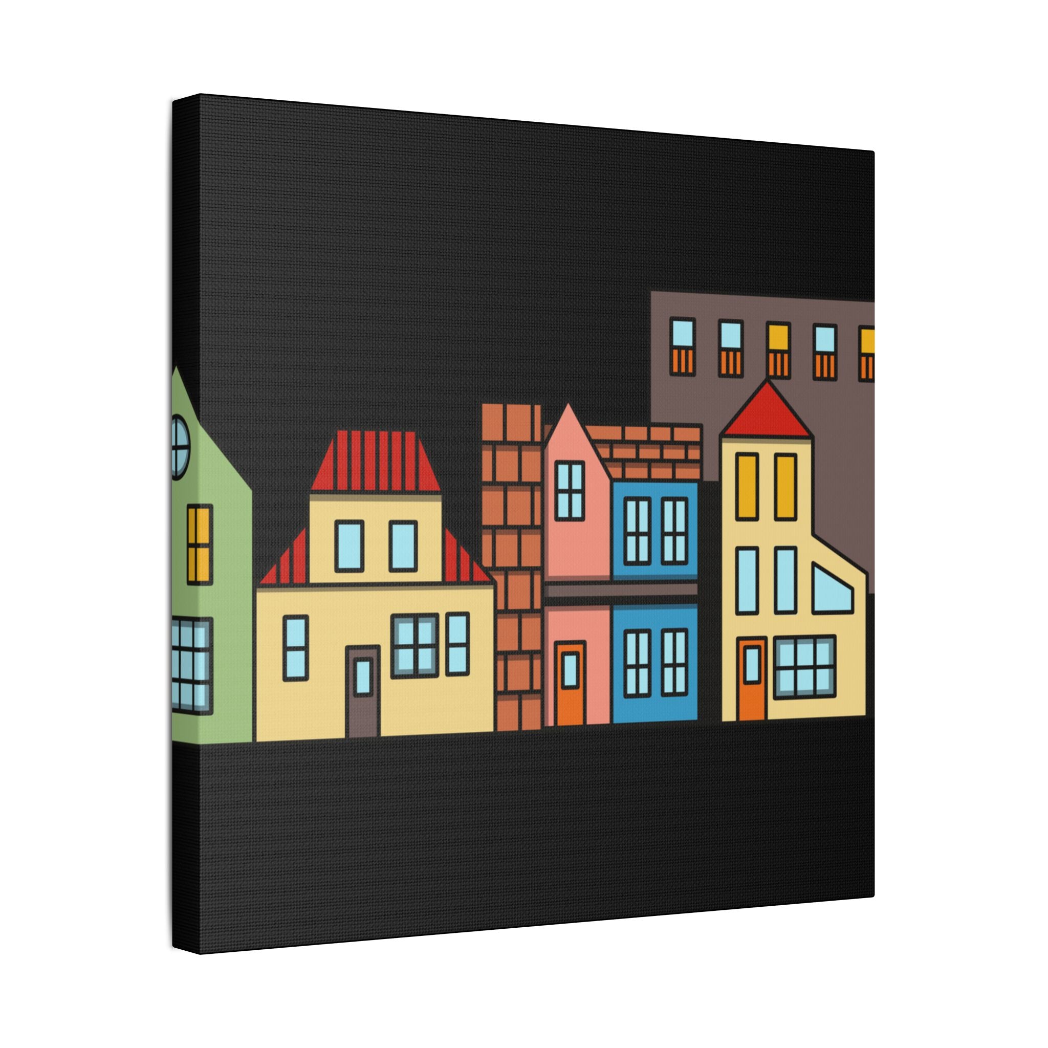 Colorful Row Houses Satin Canvas Wall Art — Stretched Cityscape Print