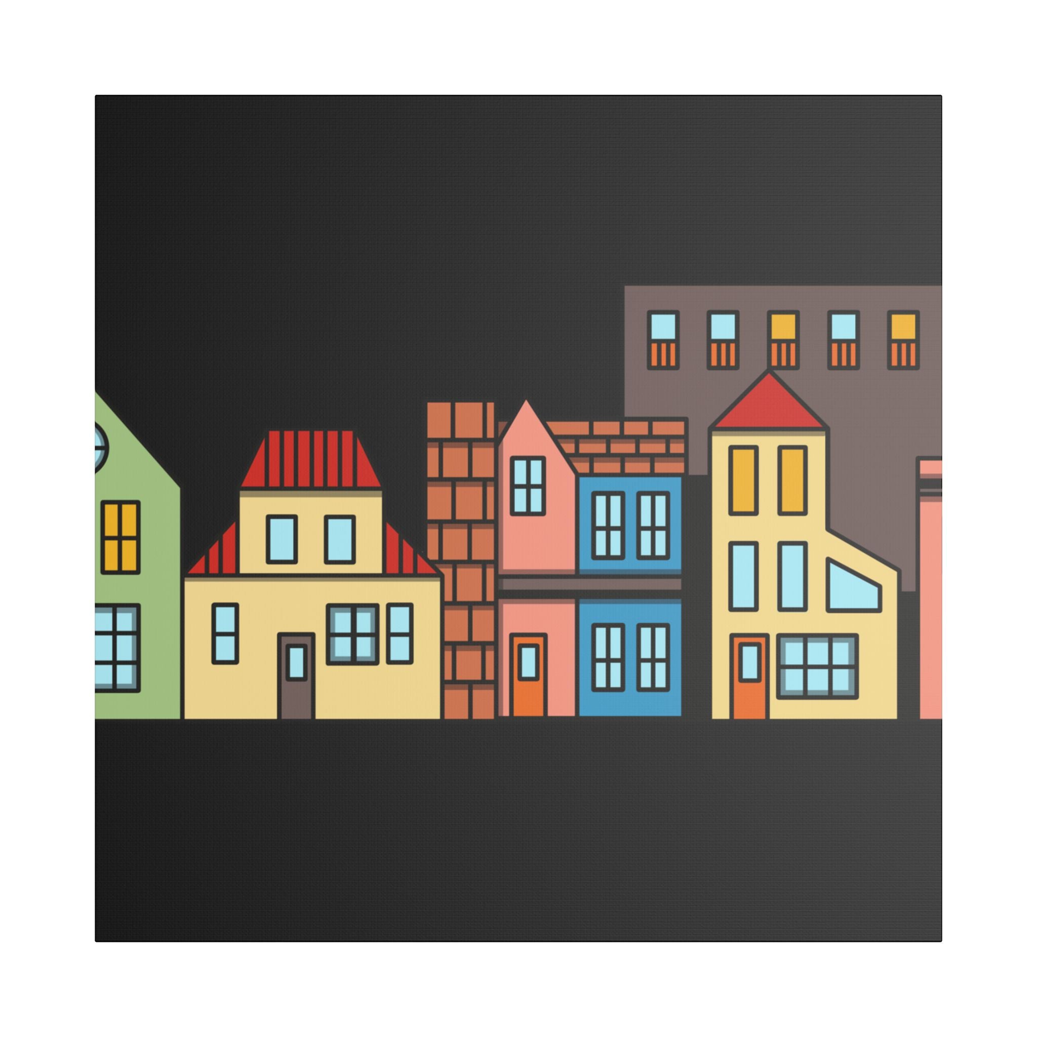 Colorful Row Houses Satin Canvas Wall Art — Stretched Cityscape Print