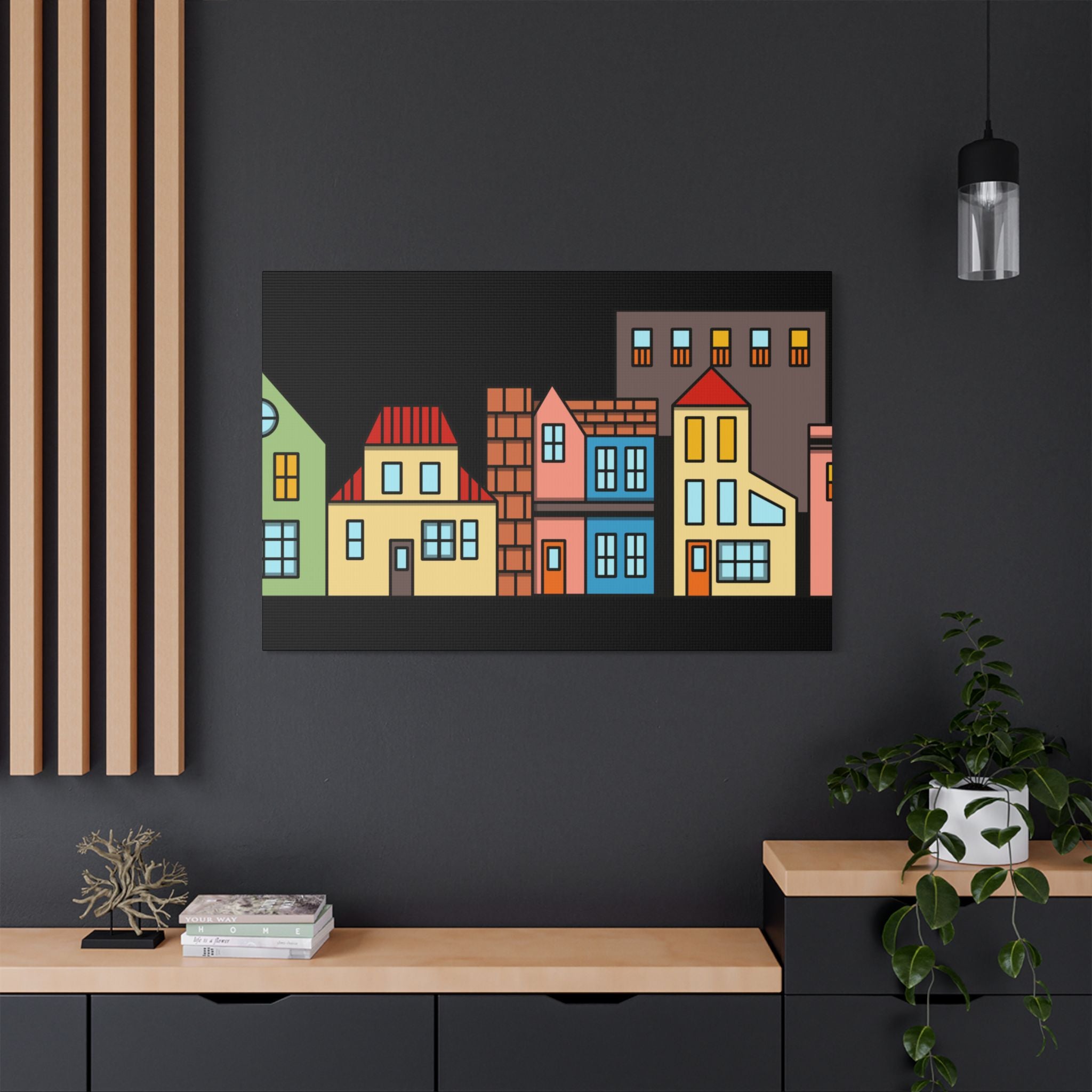 Colorful Row Houses Satin Canvas Wall Art — Stretched Cityscape Print