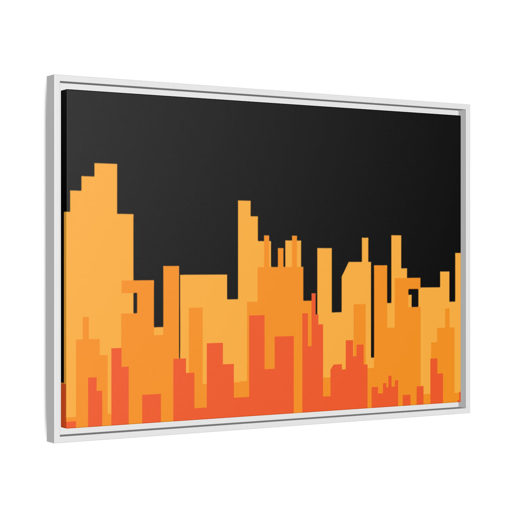 City Skyline Matte Canvas Print — Modern Pixelated Orange Urban Art (Framed)