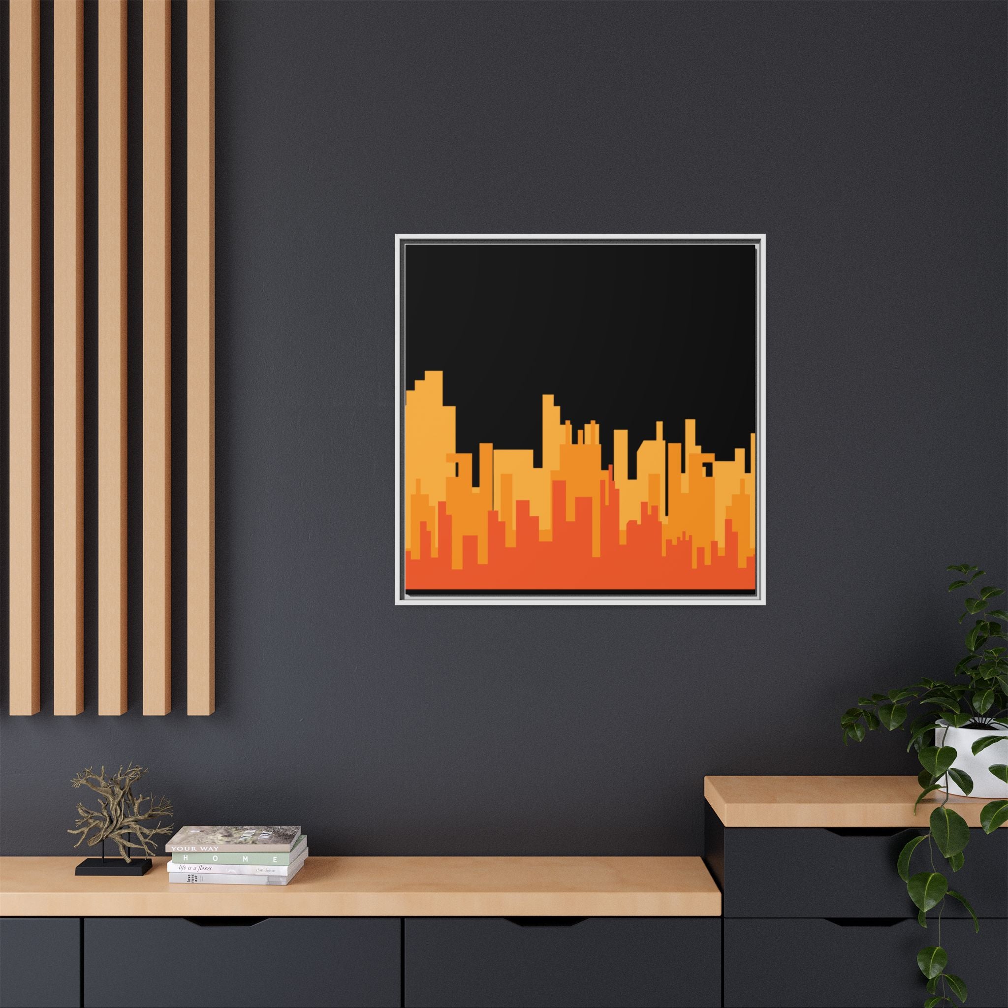 City Skyline Matte Canvas Print — Modern Pixelated Orange Urban Art (Framed)