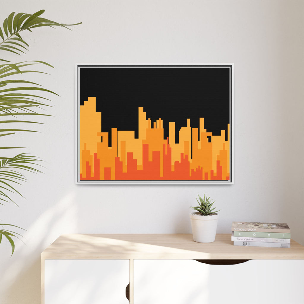 City Skyline Matte Canvas Print — Modern Pixelated Orange Urban Art (Framed)