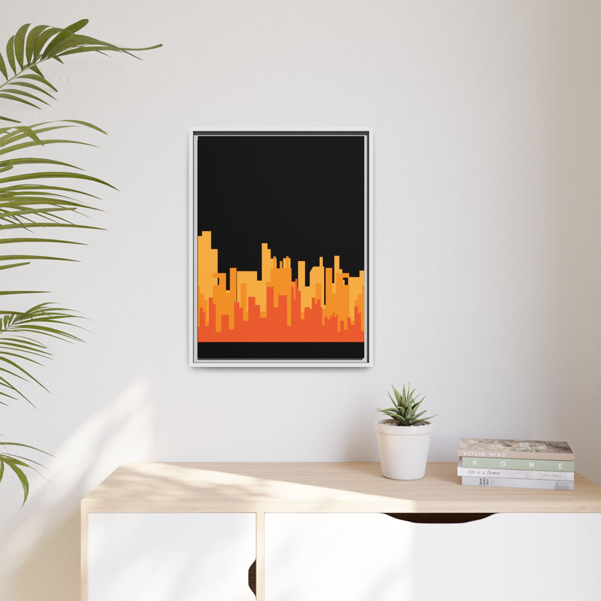 City Skyline Matte Canvas Print — Modern Pixelated Orange Urban Art (Framed)