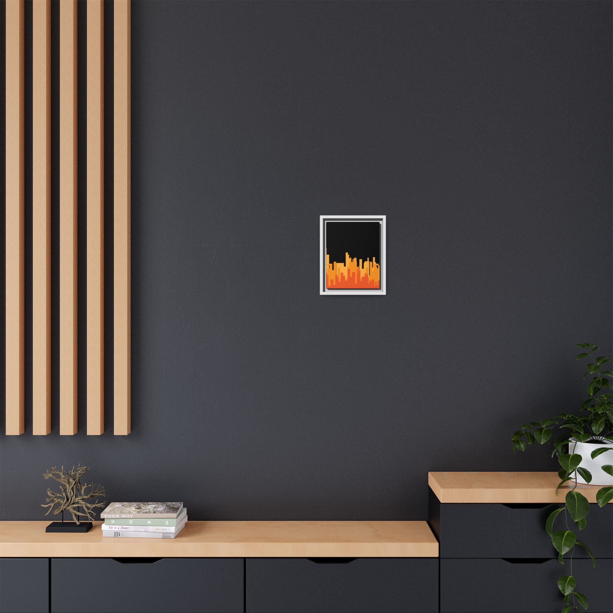 City Skyline Matte Canvas Print — Modern Pixelated Orange Urban Art (Framed)