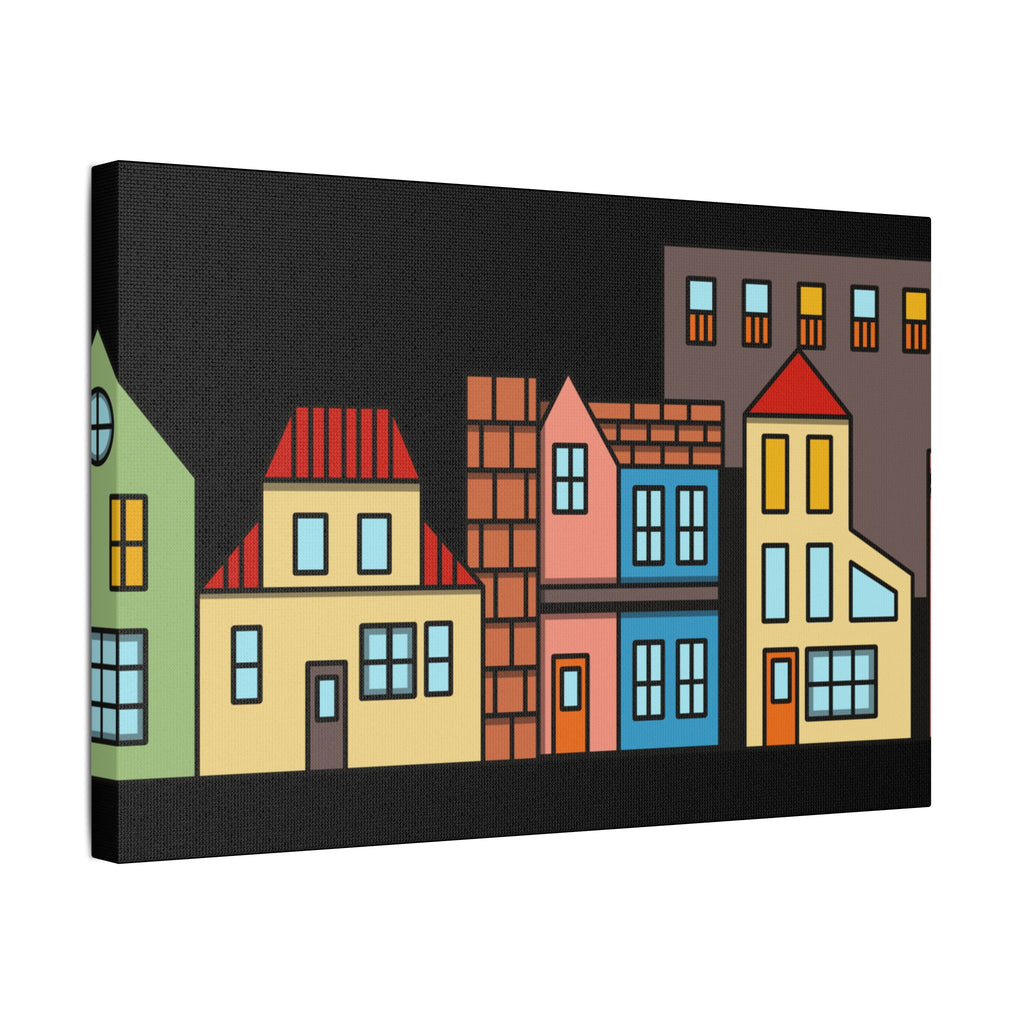 Colorful Row Houses Satin Canvas Wall Art — Stretched Cityscape Print