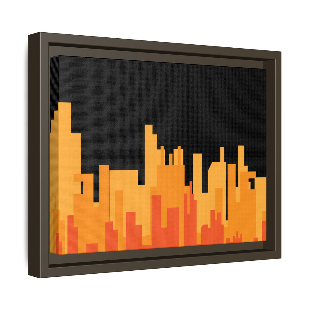City Skyline Matte Canvas Print — Modern Pixelated Orange Urban Art (Framed)