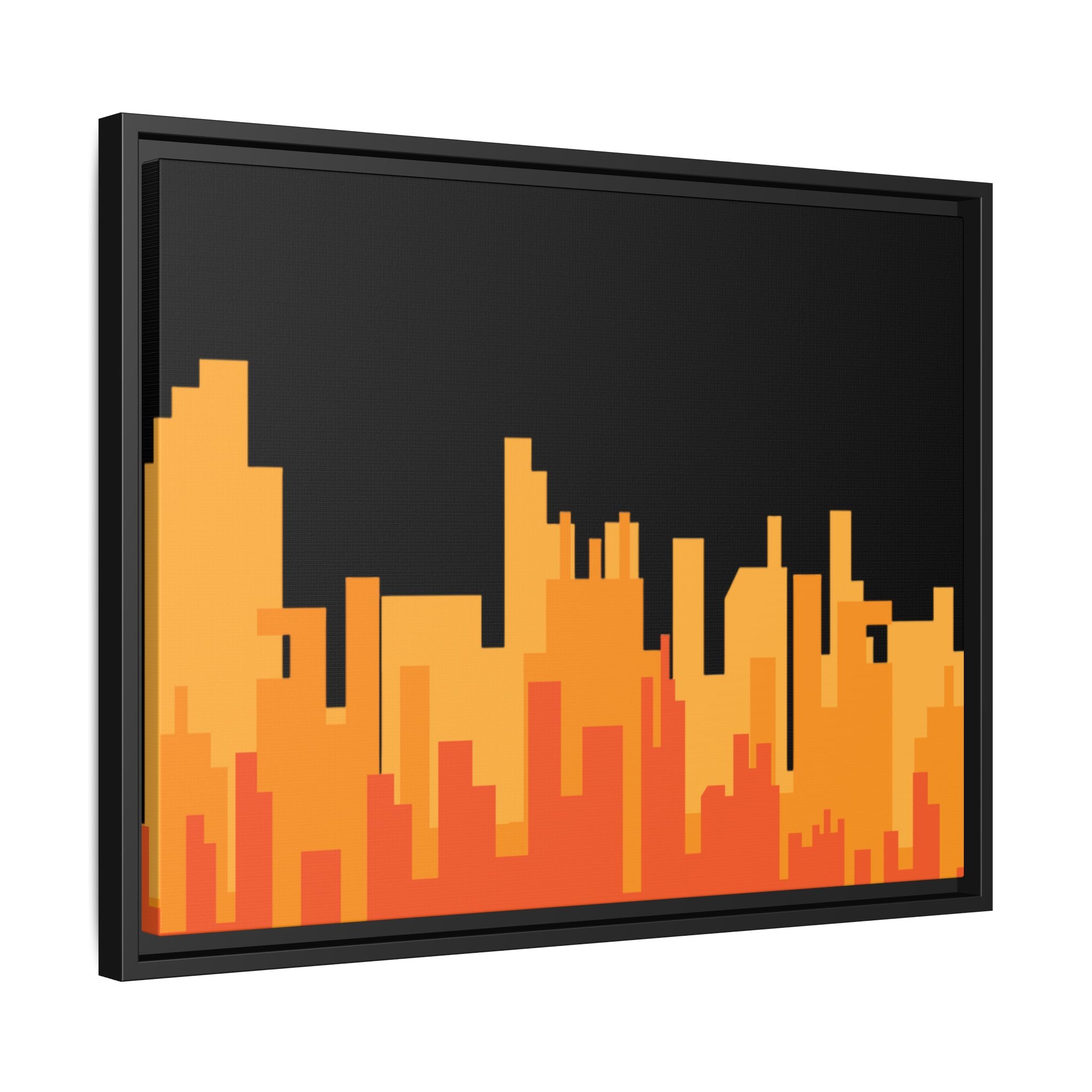 City Skyline Matte Canvas Print — Modern Pixelated Orange Urban Art (Framed)