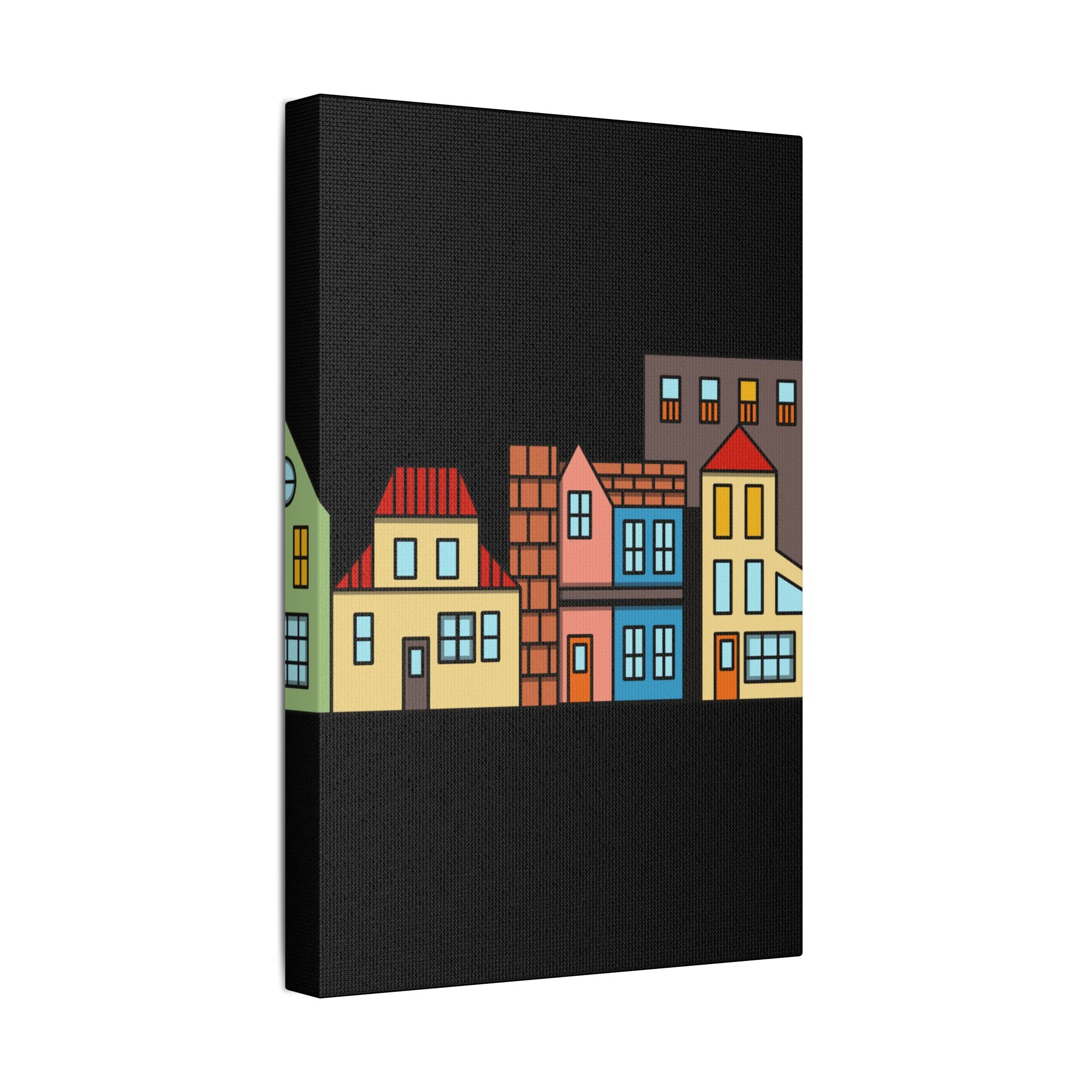 Colorful Row Houses Satin Canvas Wall Art — Stretched Cityscape Print