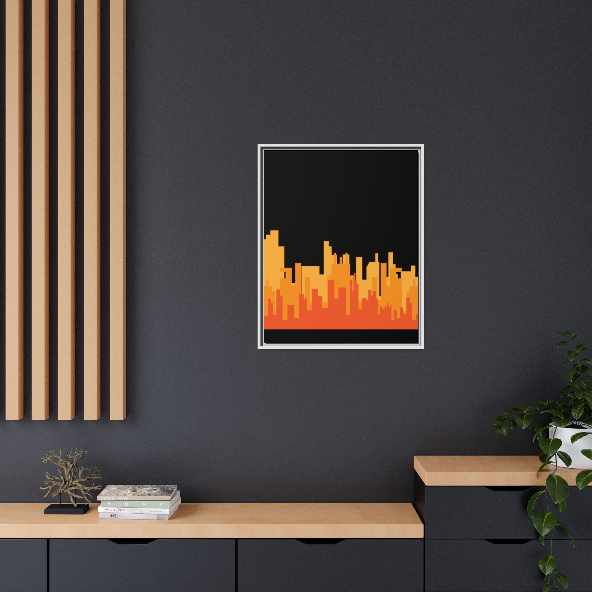 City Skyline Matte Canvas Print — Modern Pixelated Orange Urban Art (Framed)