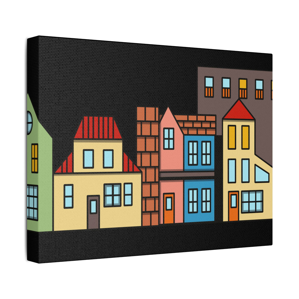Colorful Row Houses Satin Canvas Wall Art — Stretched Cityscape Print