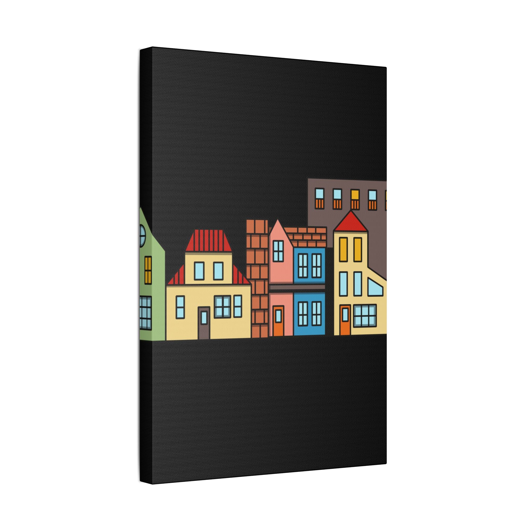 Colorful Row Houses Satin Canvas Wall Art — Stretched Cityscape Print