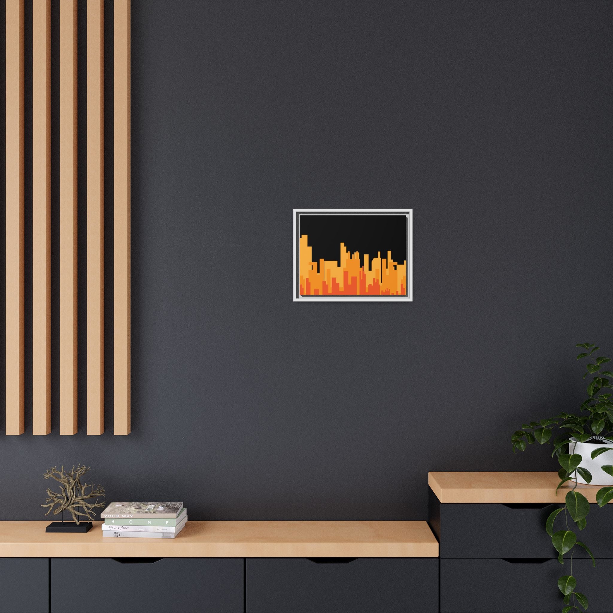 City Skyline Matte Canvas Print — Modern Pixelated Orange Urban Art (Framed)