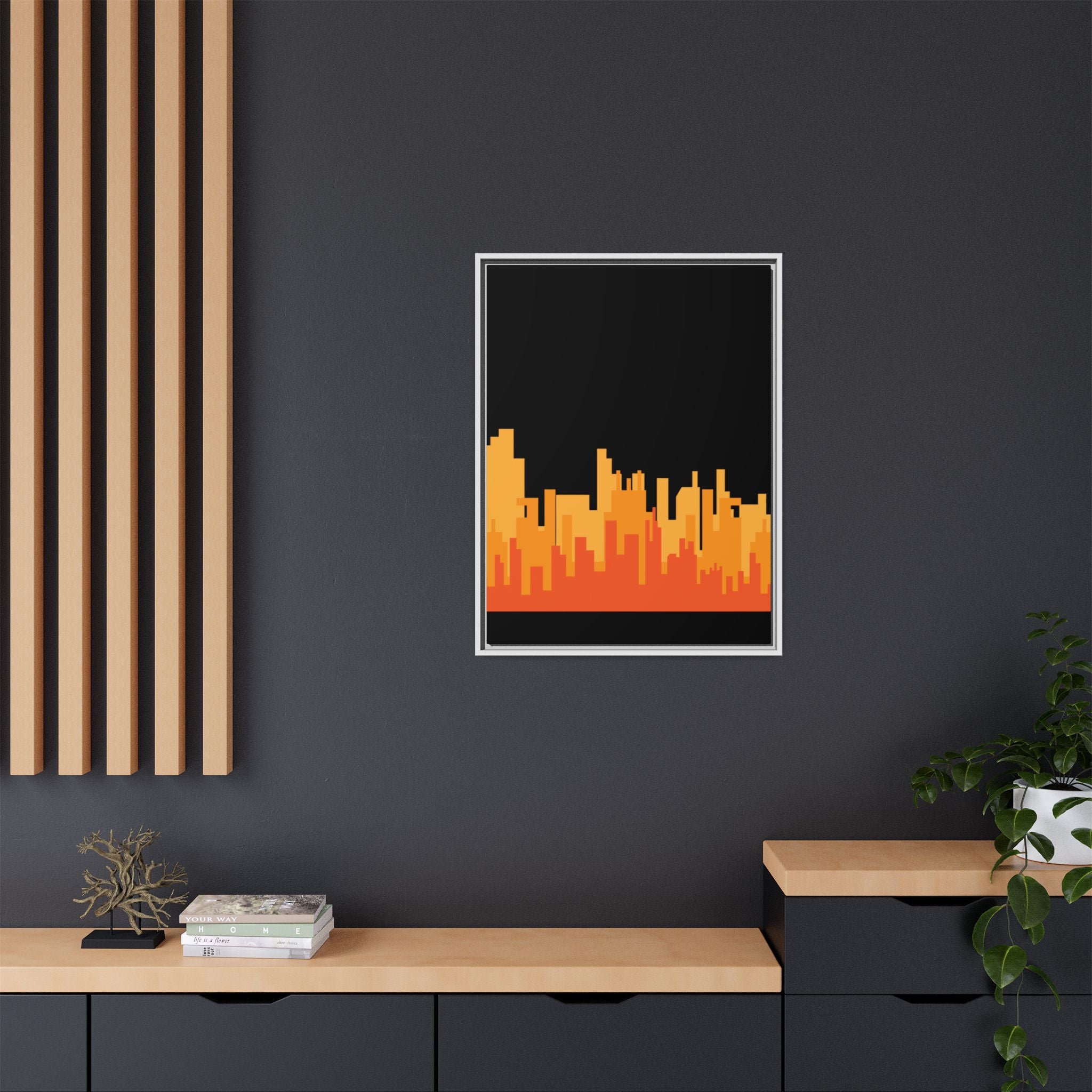 City Skyline Matte Canvas Print — Modern Pixelated Orange Urban Art (Framed)