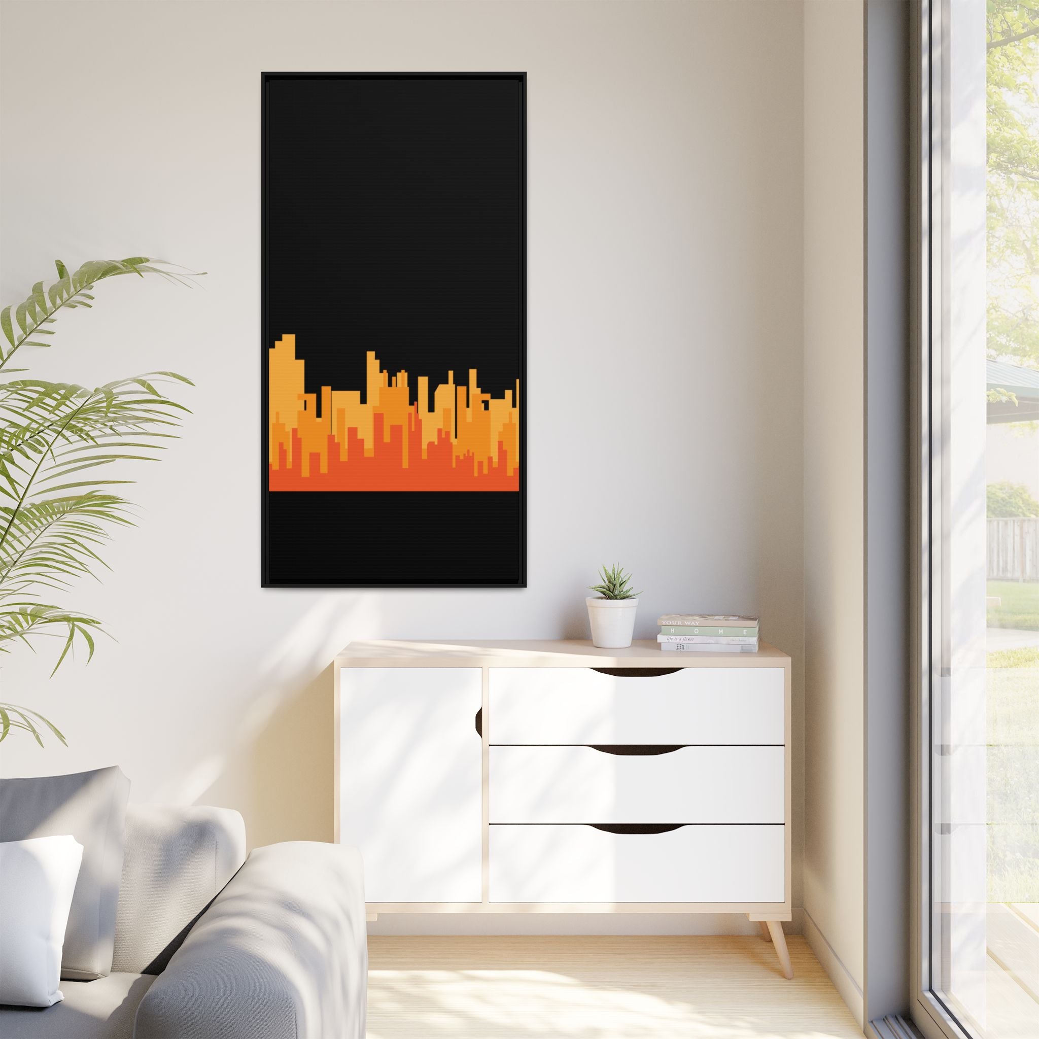 City Skyline Matte Canvas Print — Modern Pixelated Orange Urban Art (Framed)