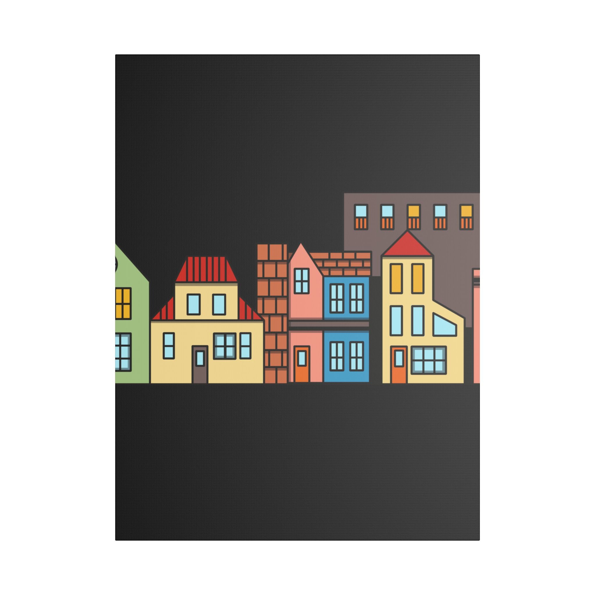 Colorful Row Houses Satin Canvas Wall Art — Stretched Cityscape Print