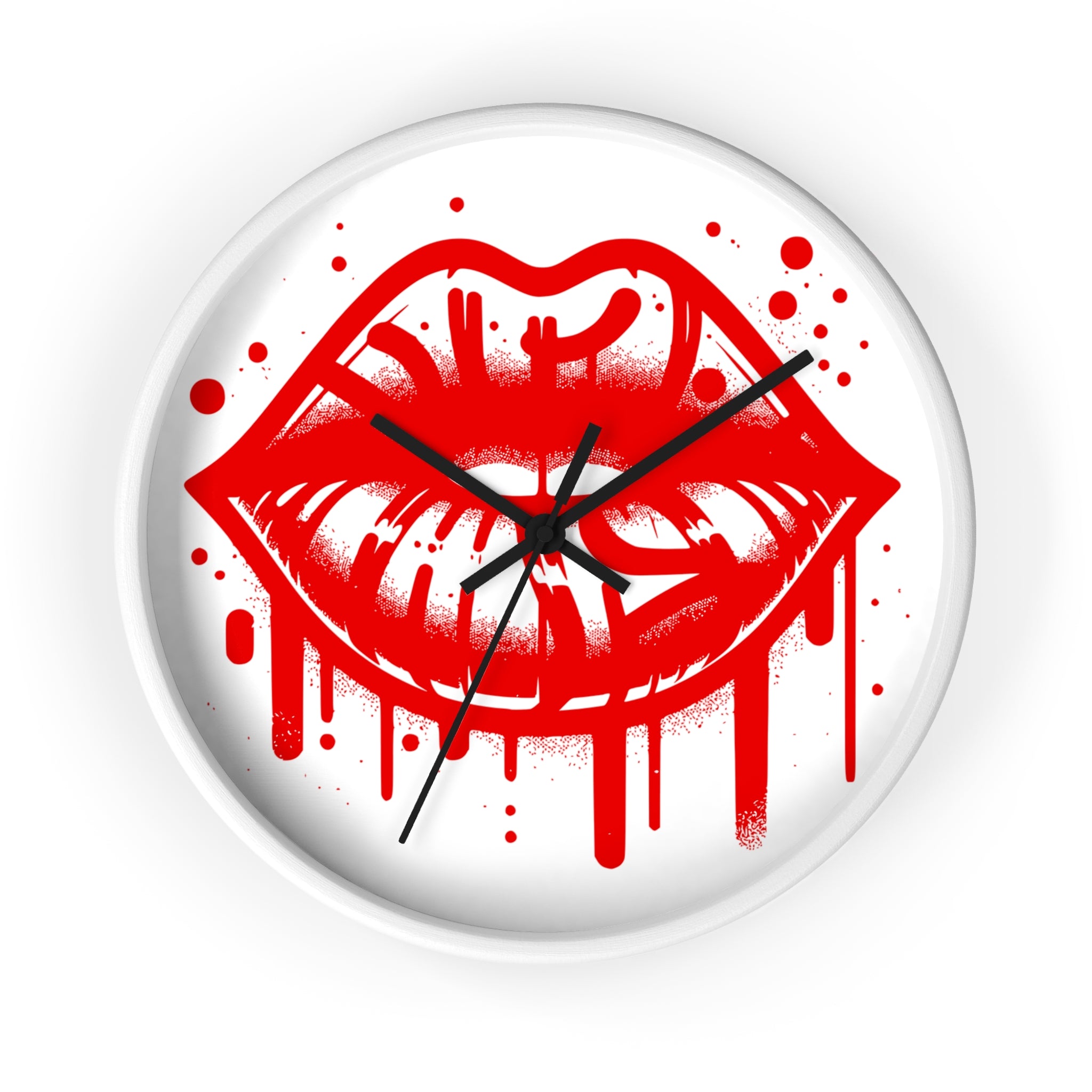 Red Graffiti Kiss Wall Clock on White — Bold Drip Lip Art Clock