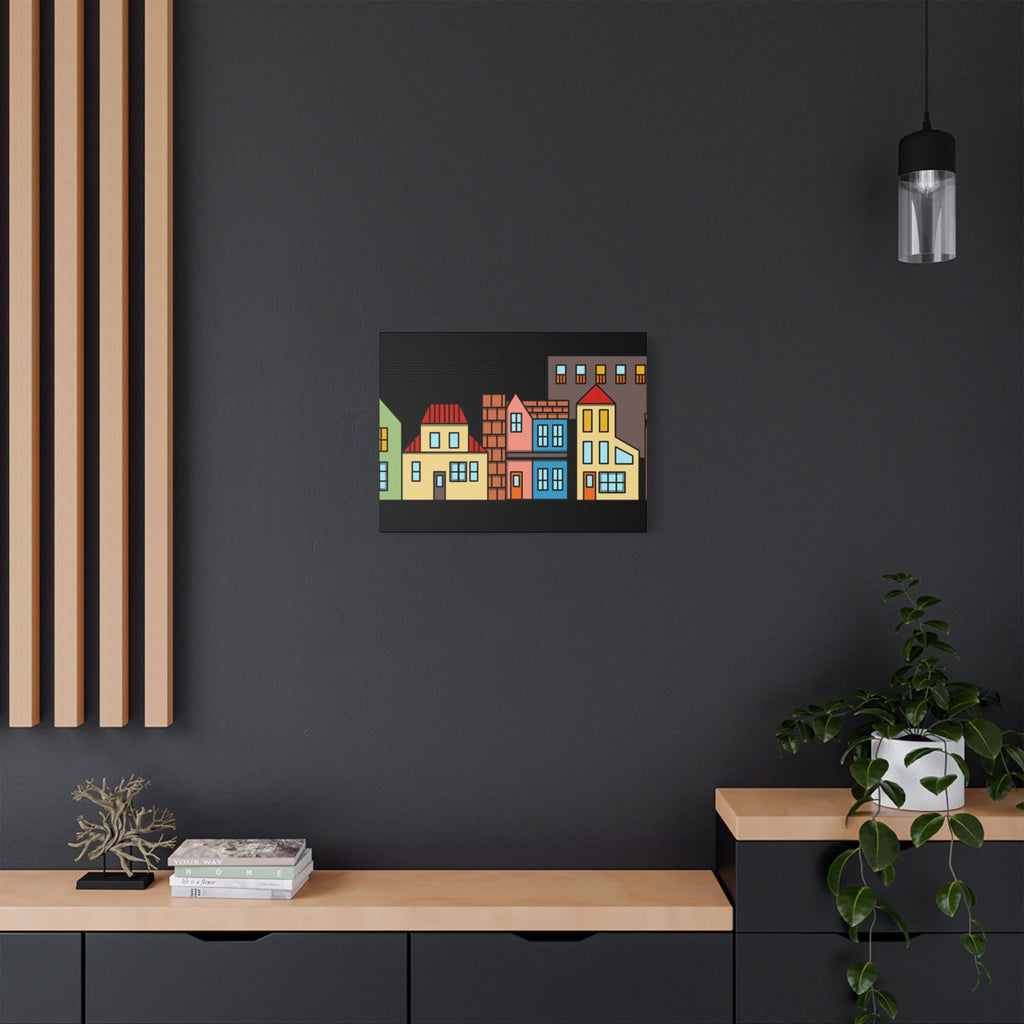 Colorful Row Houses Satin Canvas Wall Art — Stretched Cityscape Print