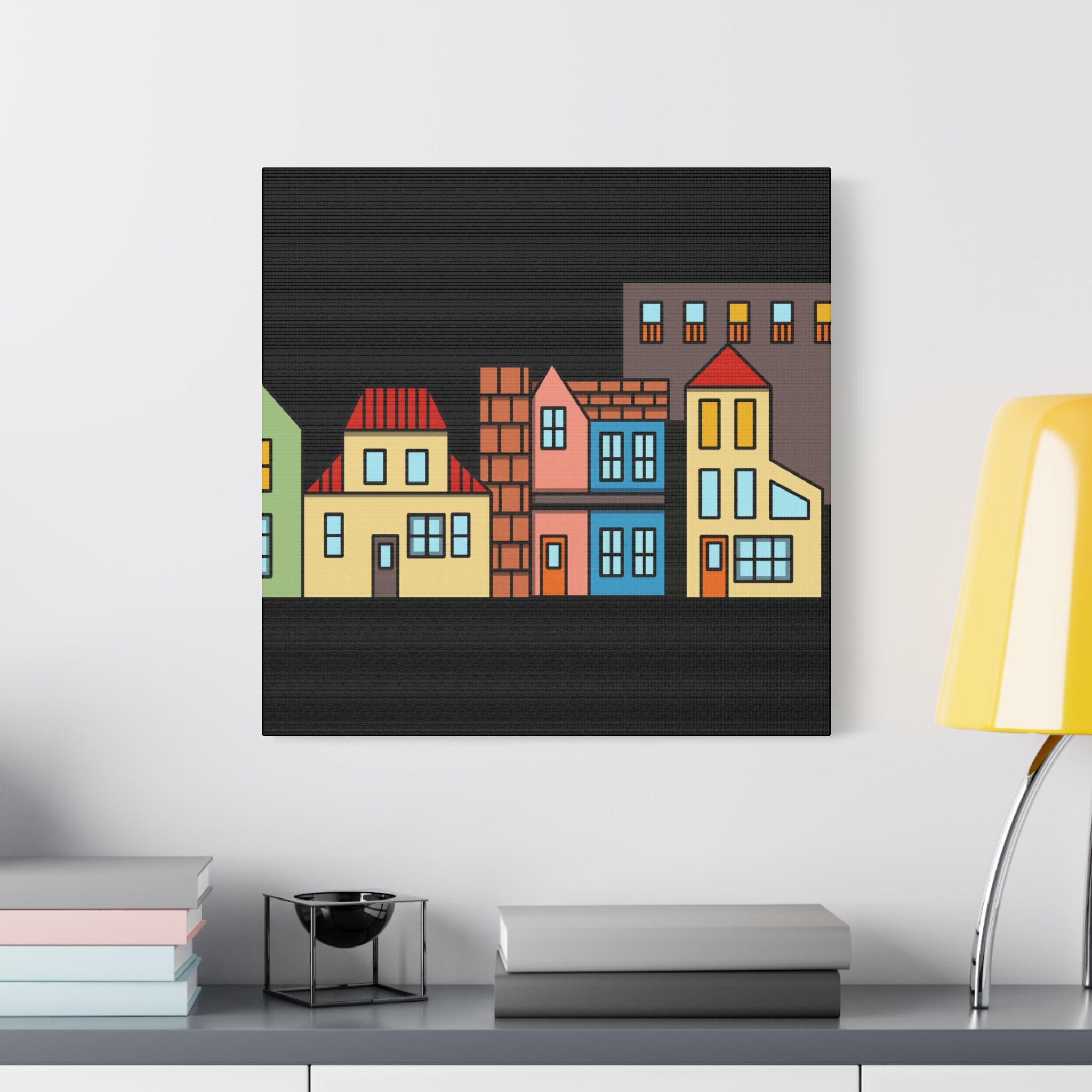 Colorful Row Houses Satin Canvas Wall Art — Stretched Cityscape Print